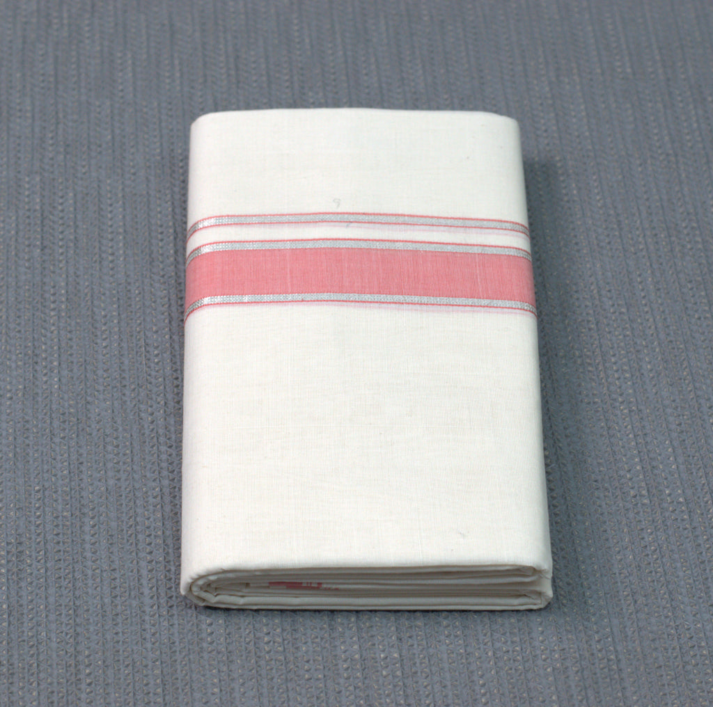 Premium Cotton Double Codi Mundu – Off-White with Peach & Silver Kasavu
