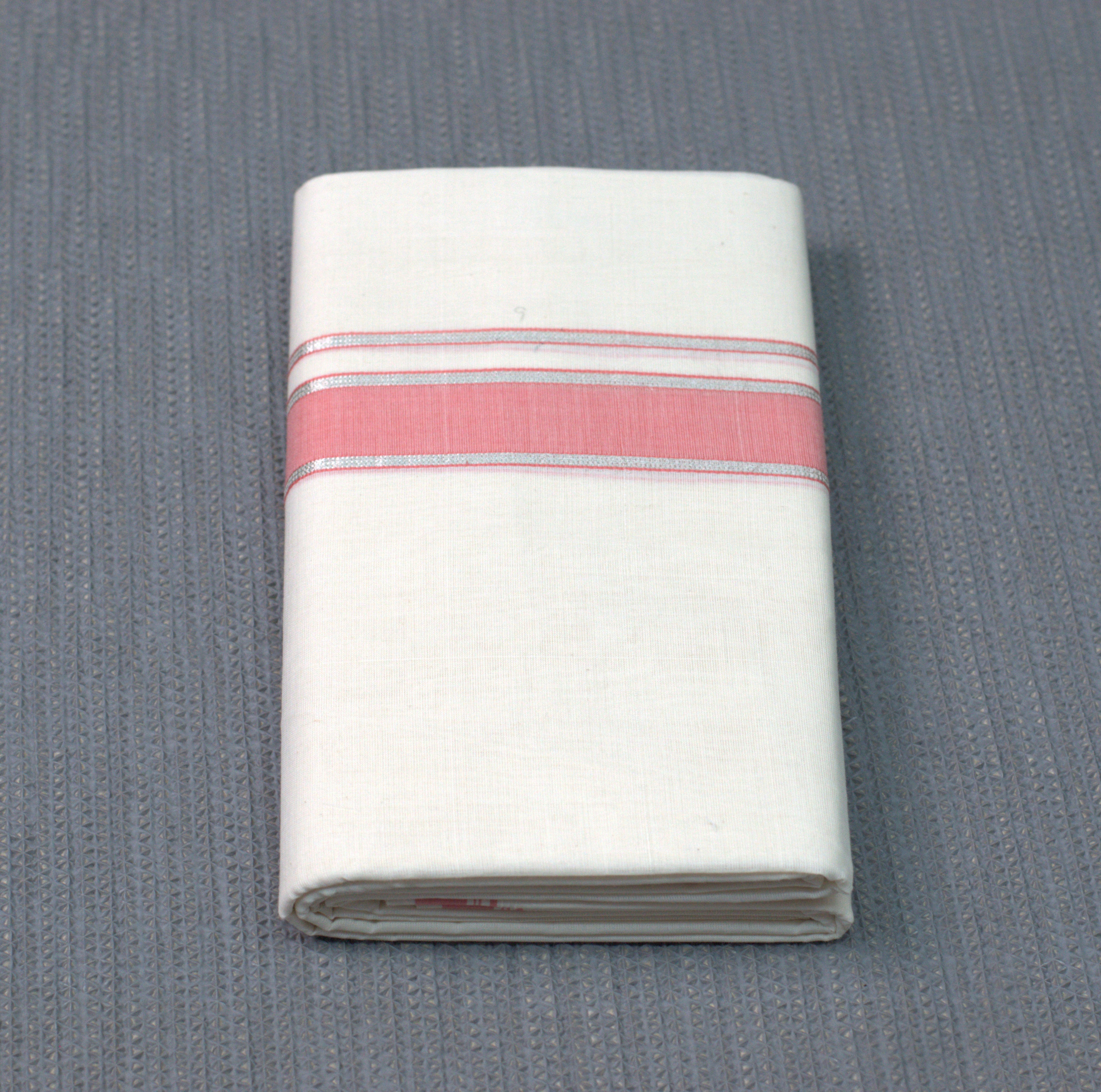 Premium Cotton Double Codi Mundu – Off-White with Peach & Silver Kasavu