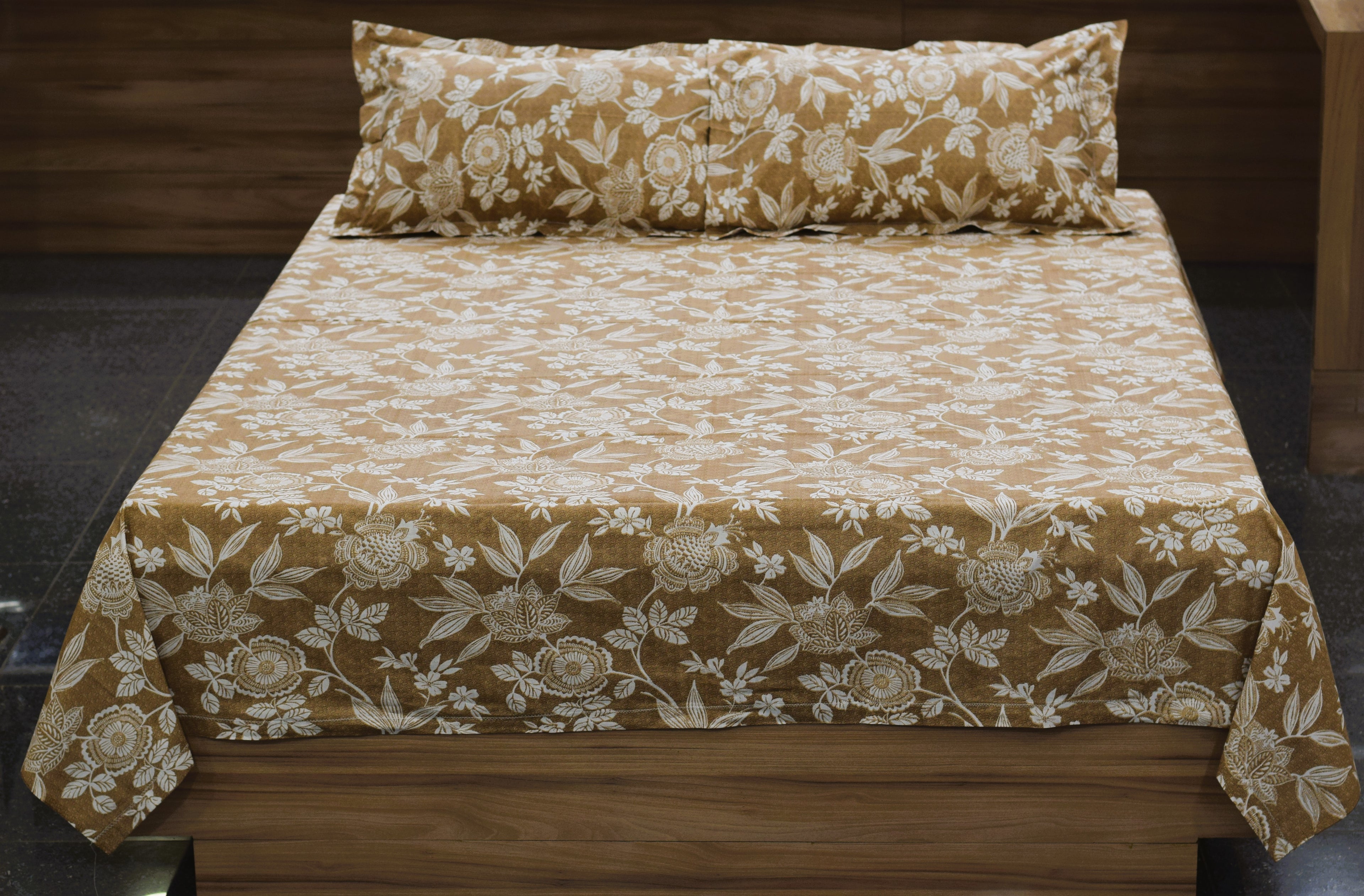 Elegant Floral Queen Size Bedsheet with Pillow Covers – Soft Cotton Blend | Brown & White