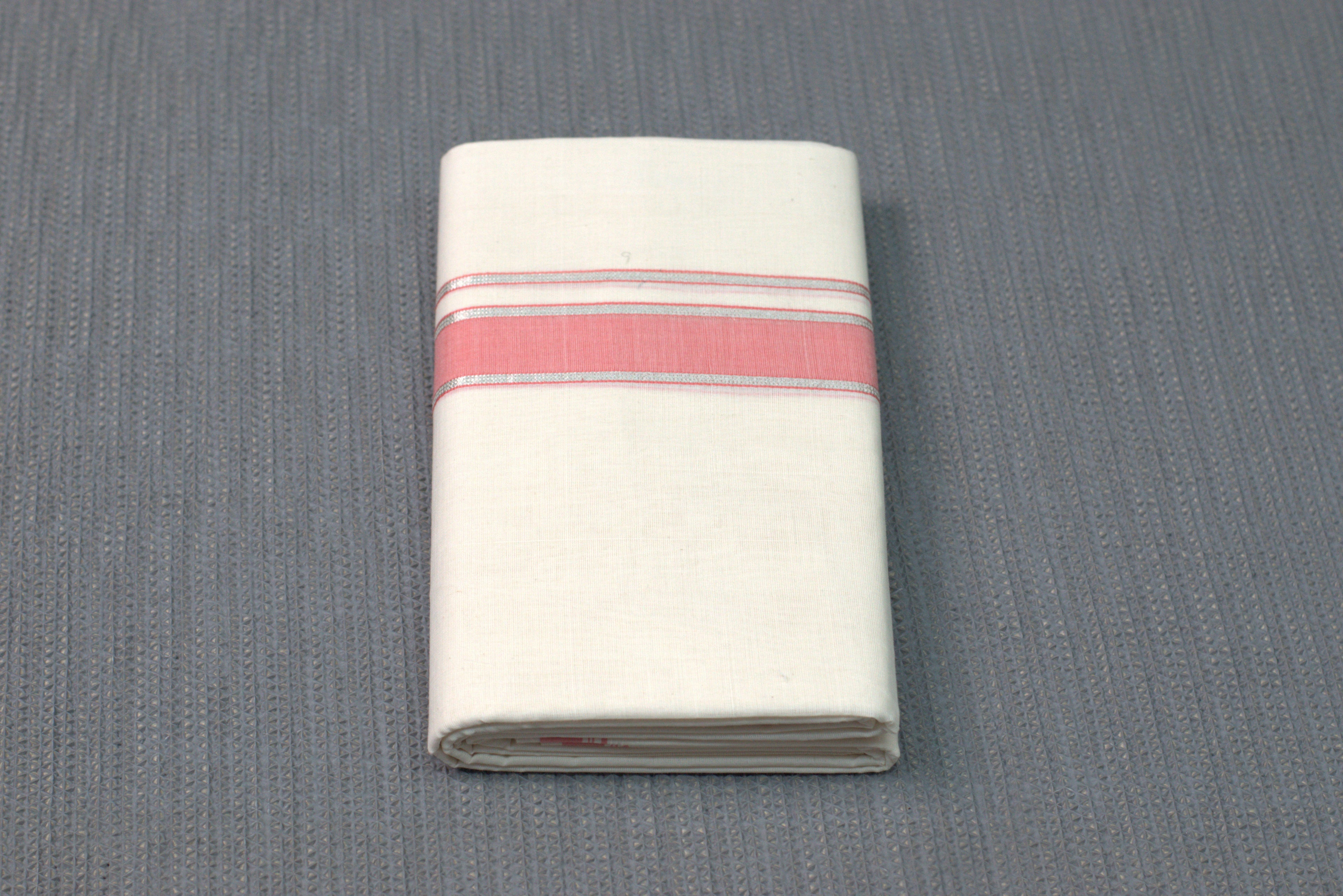 Cream Kodi Cotton Double Mundu with Pink and Silver Kasavu
