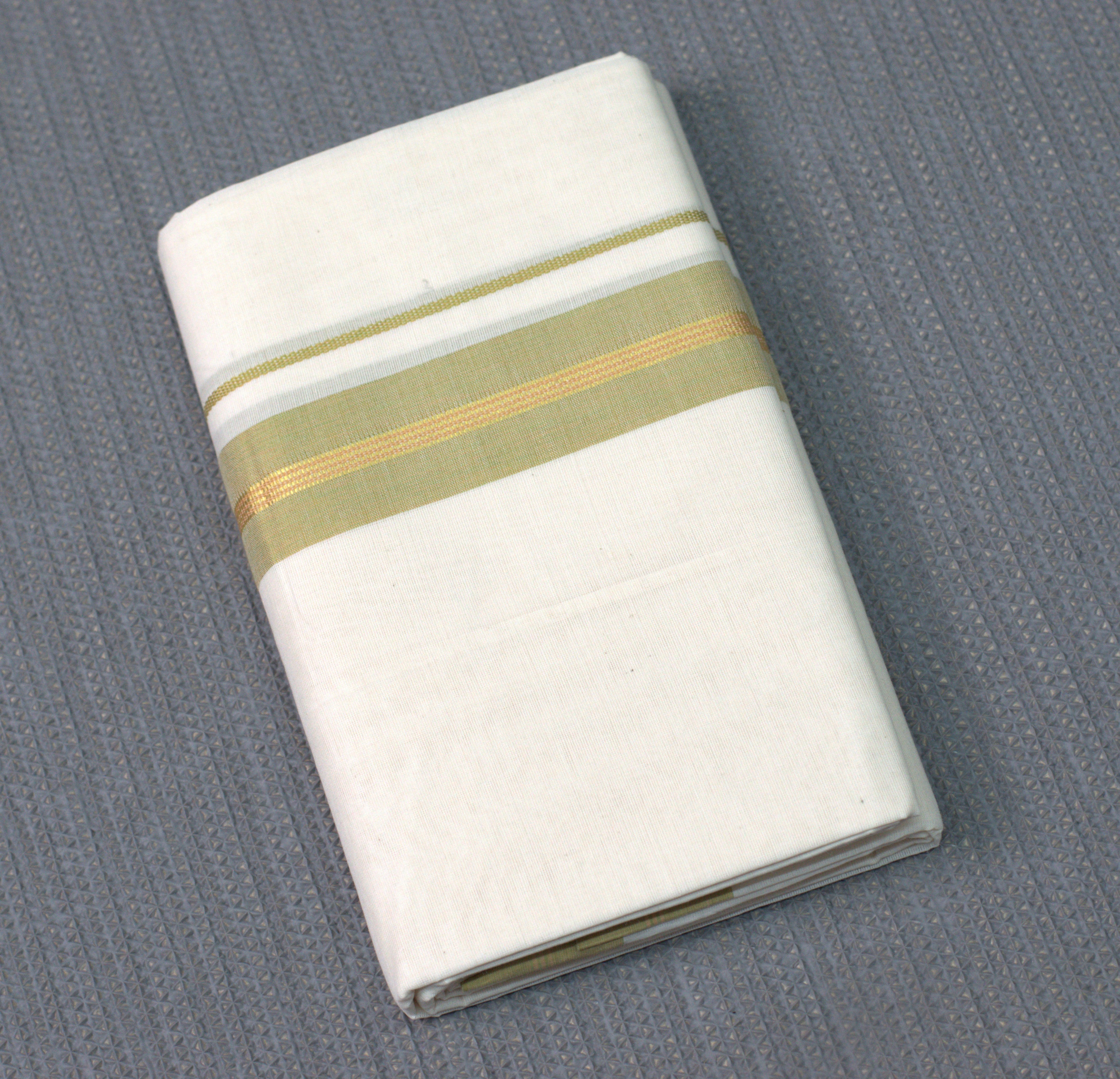 Premium Pure Cotton Double codi Mundu with Olive Green and Gold Kasavu Border