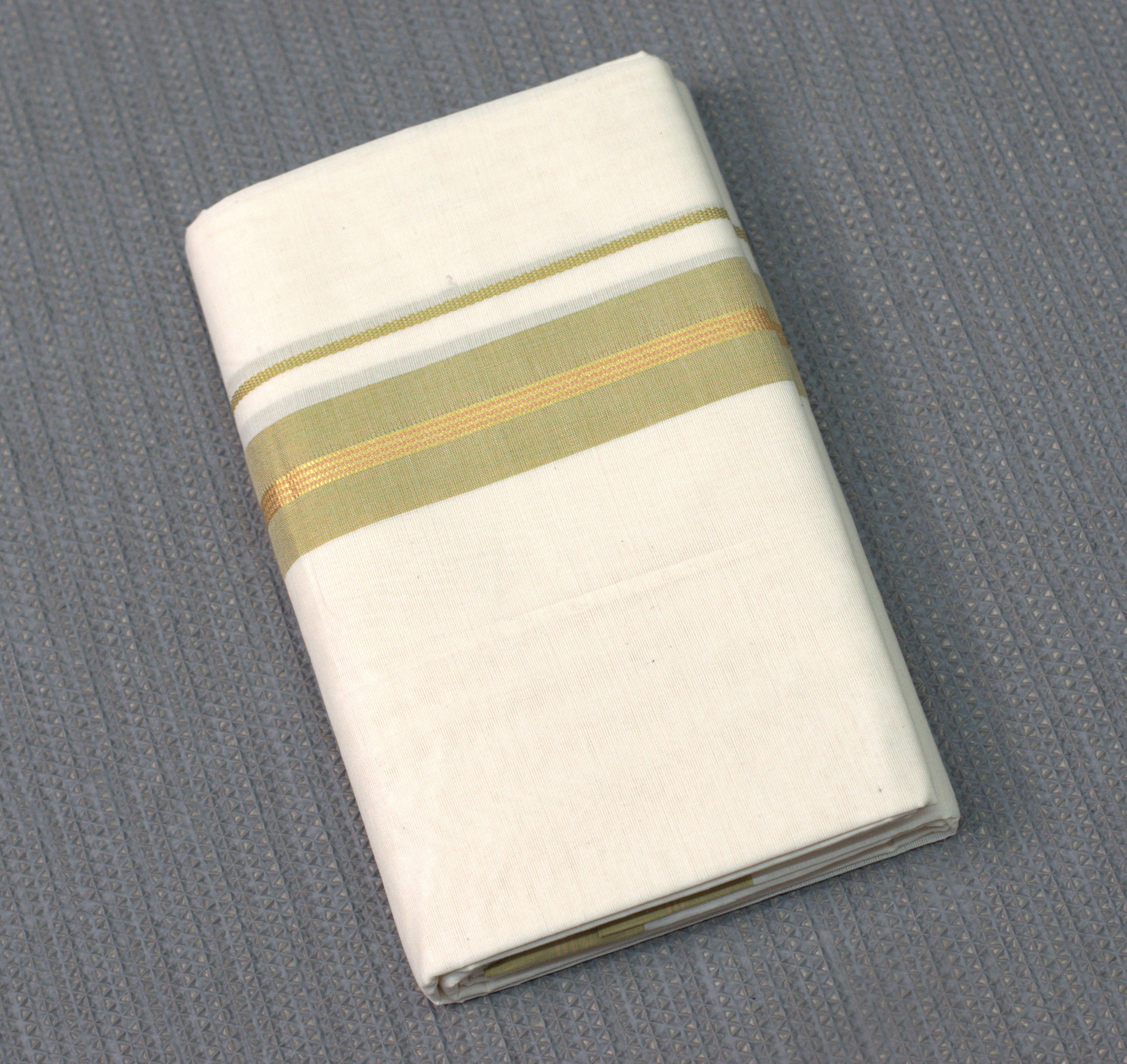 Premium Cream  Cotton Double Mundu with Olive Green & Gold Kasavu Border