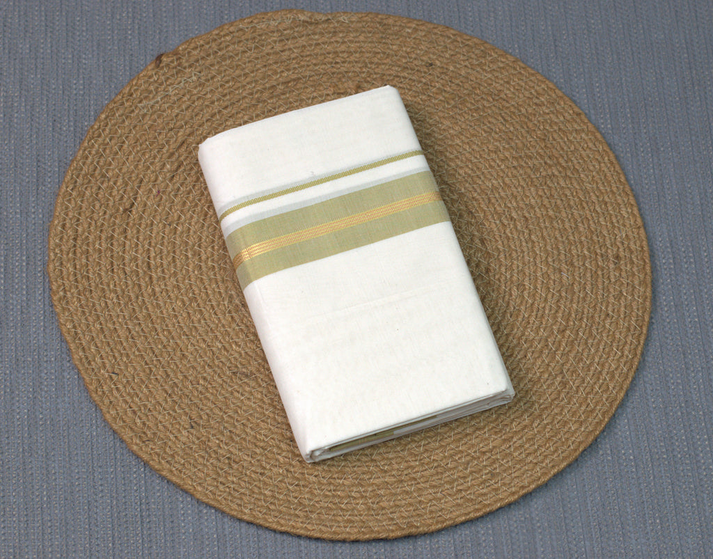 Premium Pure Cotton Double codi Mundu with Olive Green and Gold Kasavu Border