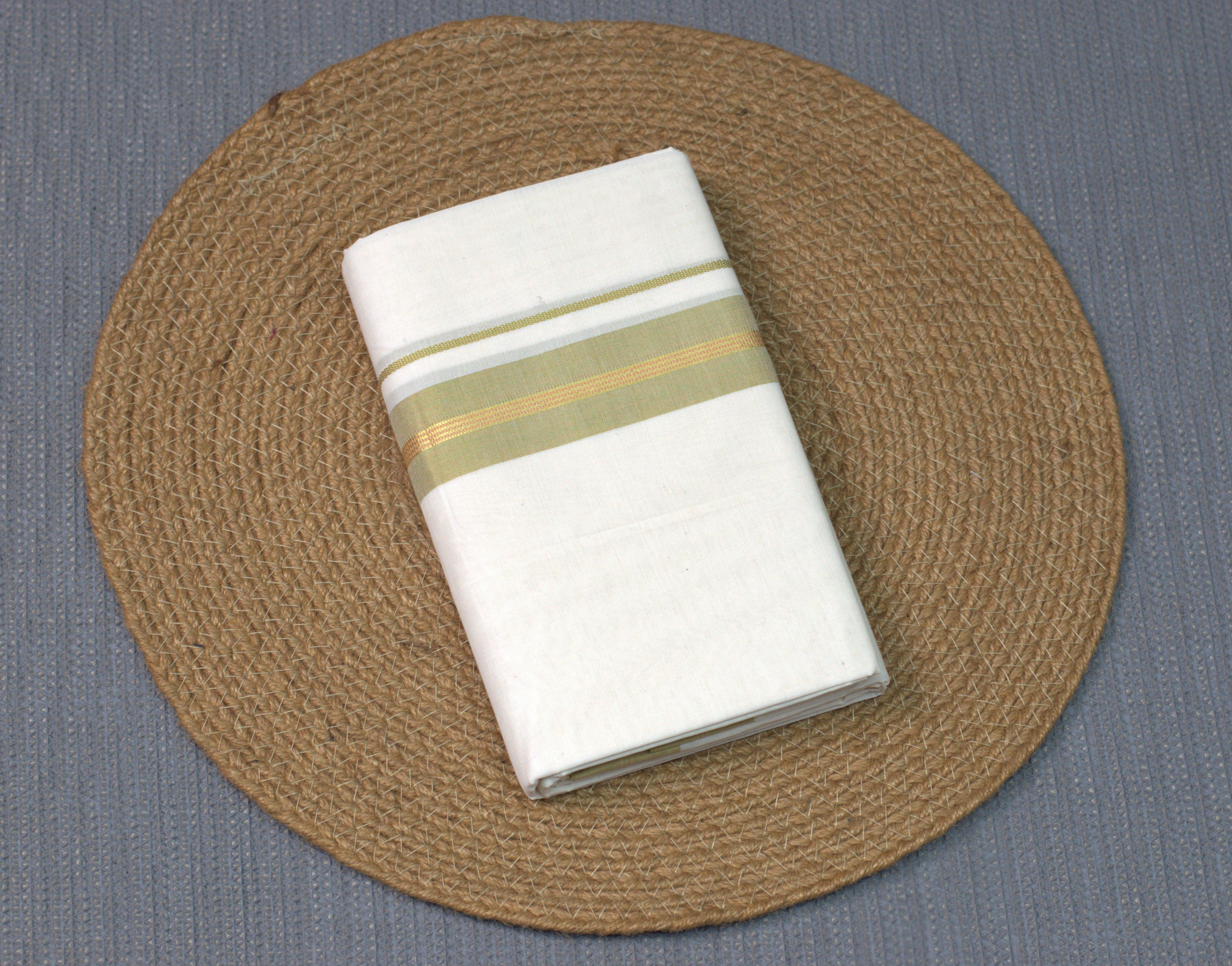 Premium Pure Cotton Double codi Mundu with Olive Green and Gold Kasavu Border
