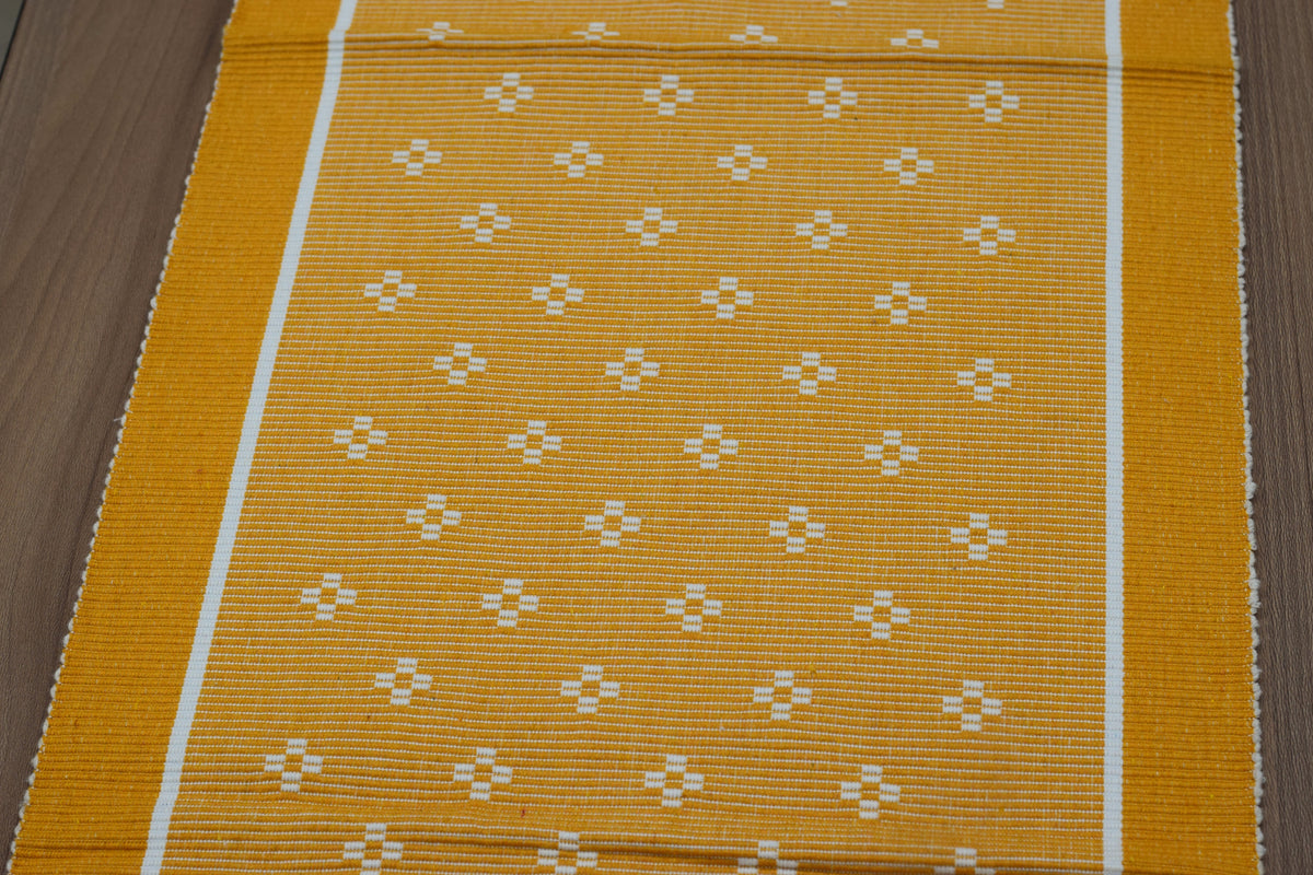 Mustard Yellow Cotton Table Runner with White Floral Motifs – 118 × 33 cm