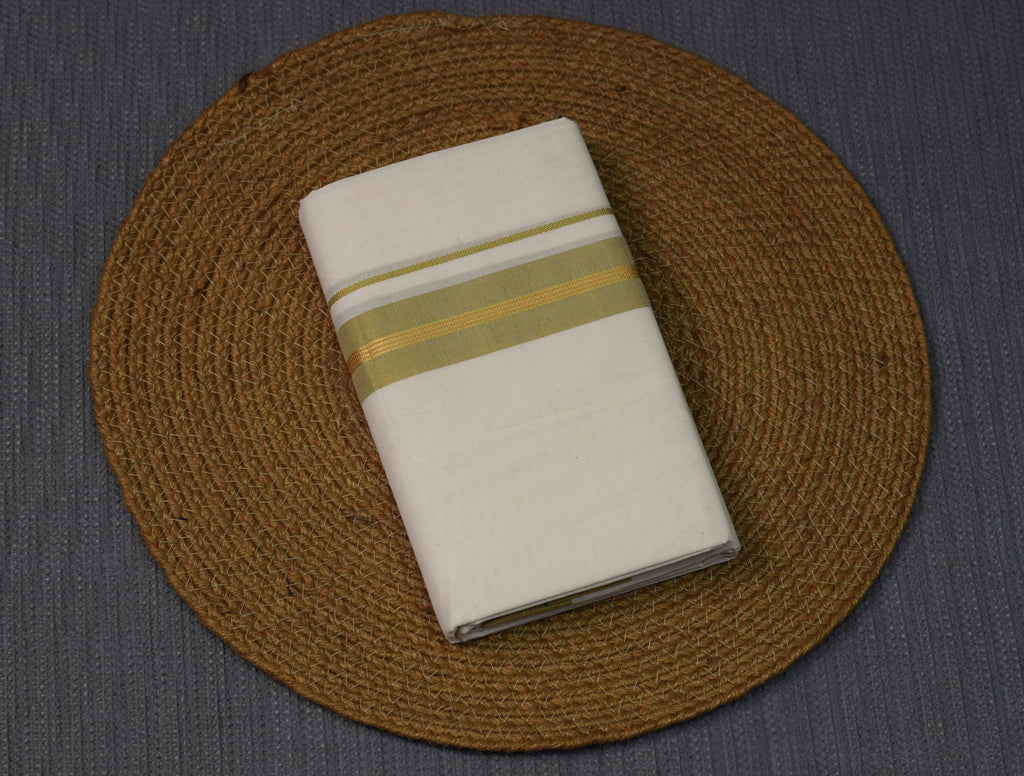 Premium Cream  Cotton Double Mundu with Olive Green & Gold Kasavu Border