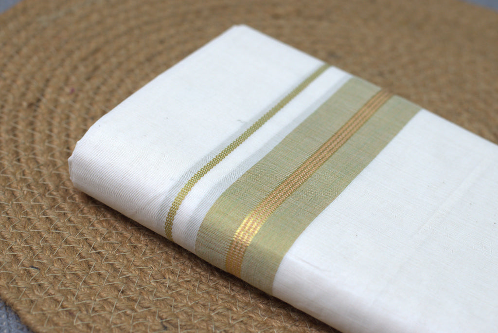 Premium Pure Cotton Double codi Mundu with Olive Green and Gold Kasavu Border