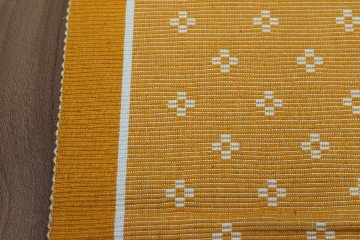 Mustard Yellow Cotton Table Runner with White Floral Motifs – 118 × 33 cm