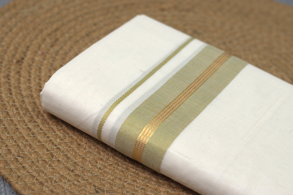 Premium Cream  Cotton Double Mundu with Olive Green & Gold Kasavu Border