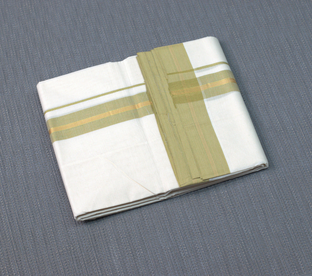 Premium Pure Cotton Double codi Mundu with Olive Green and Gold Kasavu Border