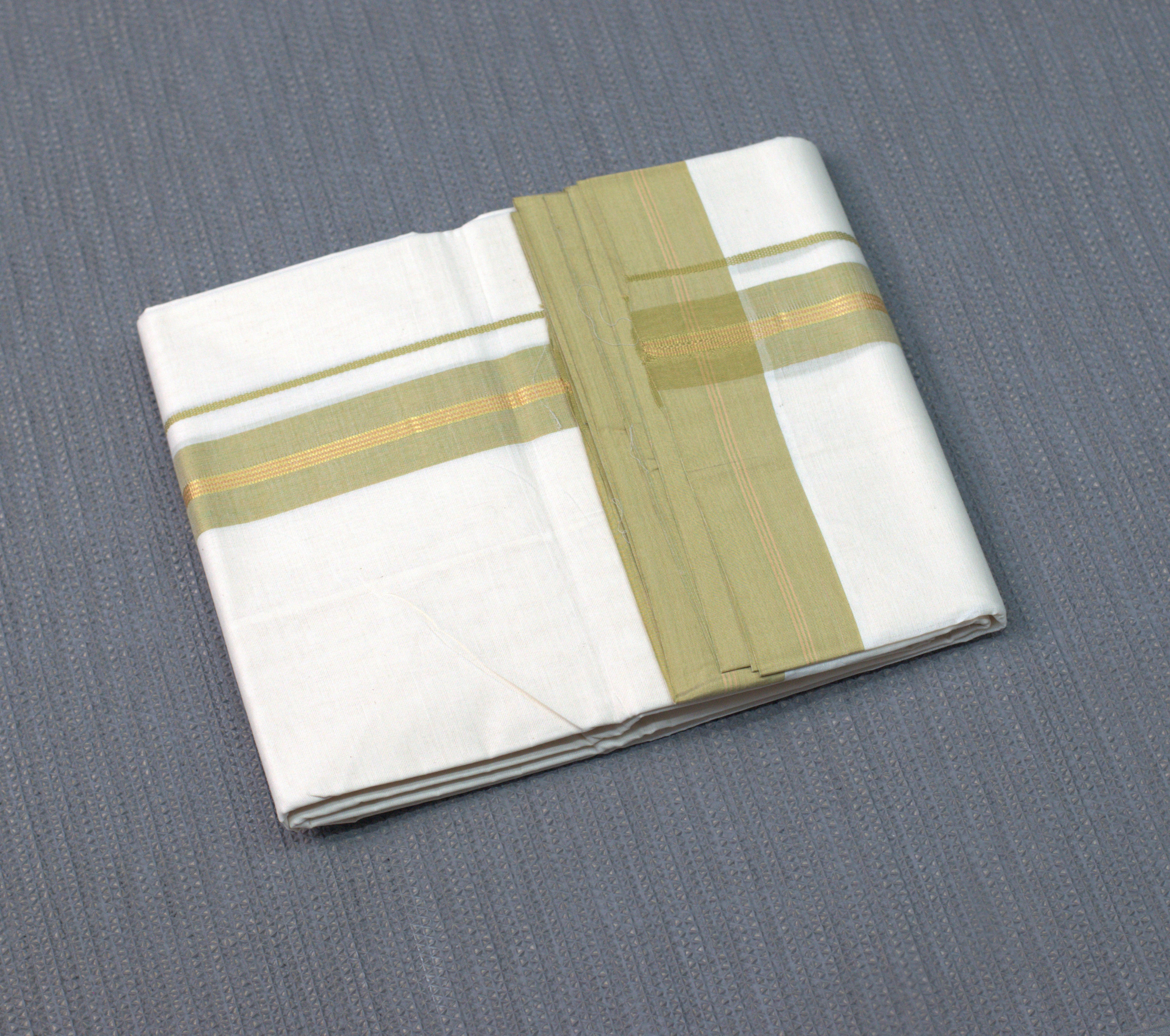 Premium Pure Cotton Double codi Mundu with Olive Green and Gold Kasavu Border