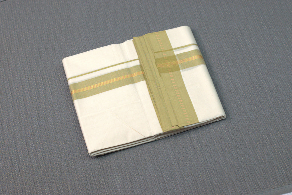Premium Cream  Cotton Double Mundu with Olive Green & Gold Kasavu Border