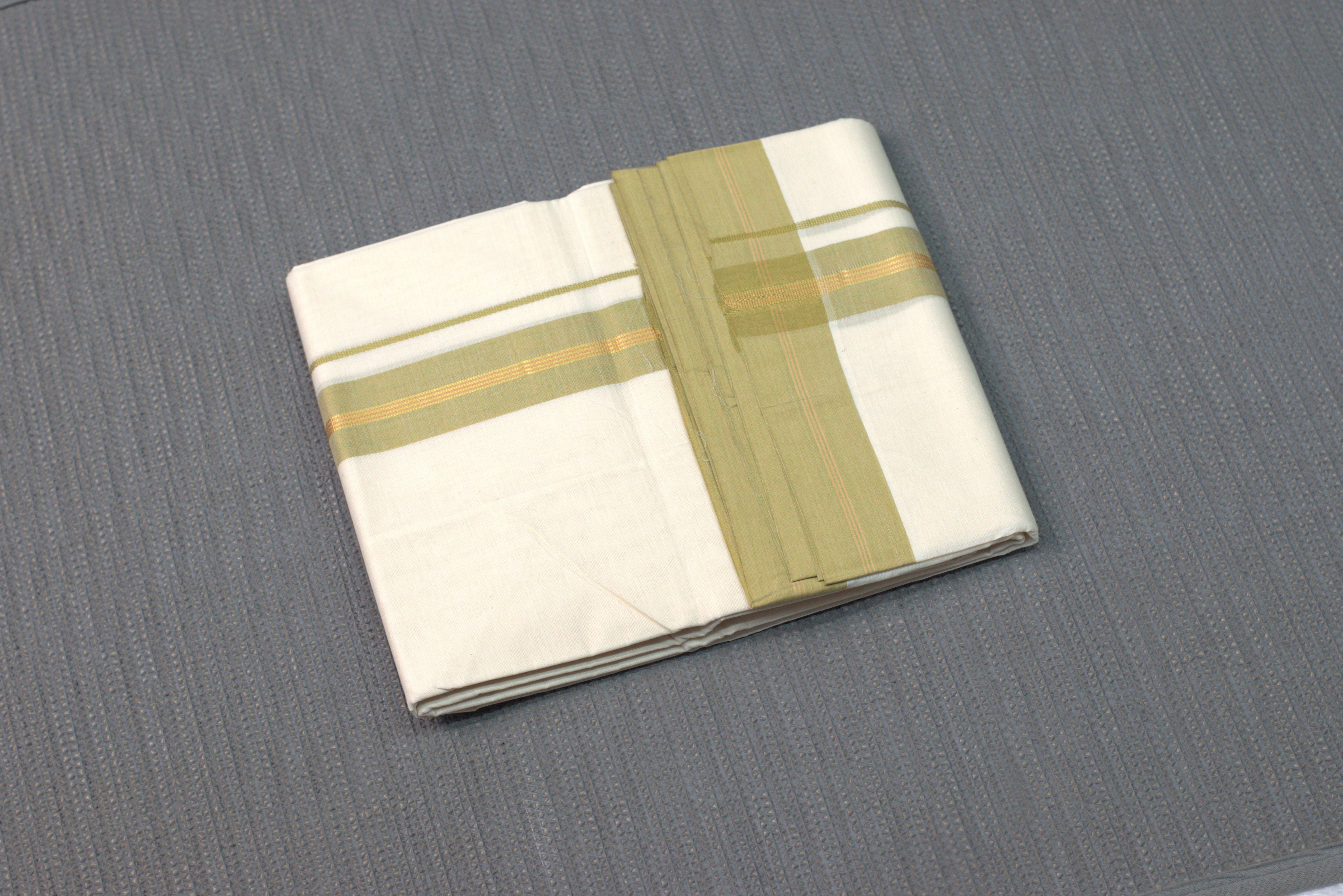Premium Cream  Cotton Double Mundu with Olive Green & Gold Kasavu Border