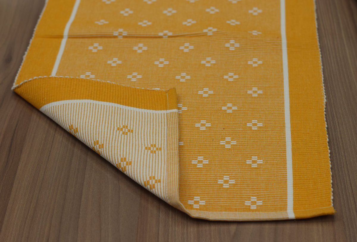 Mustard Yellow Cotton Table Runner with White Floral Motifs – 118 × 33 cm