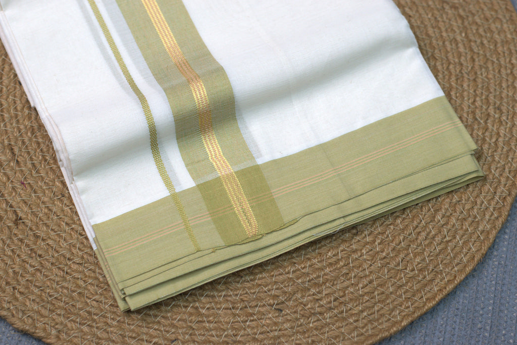 Premium Pure Cotton Double codi Mundu with Olive Green and Gold Kasavu Border