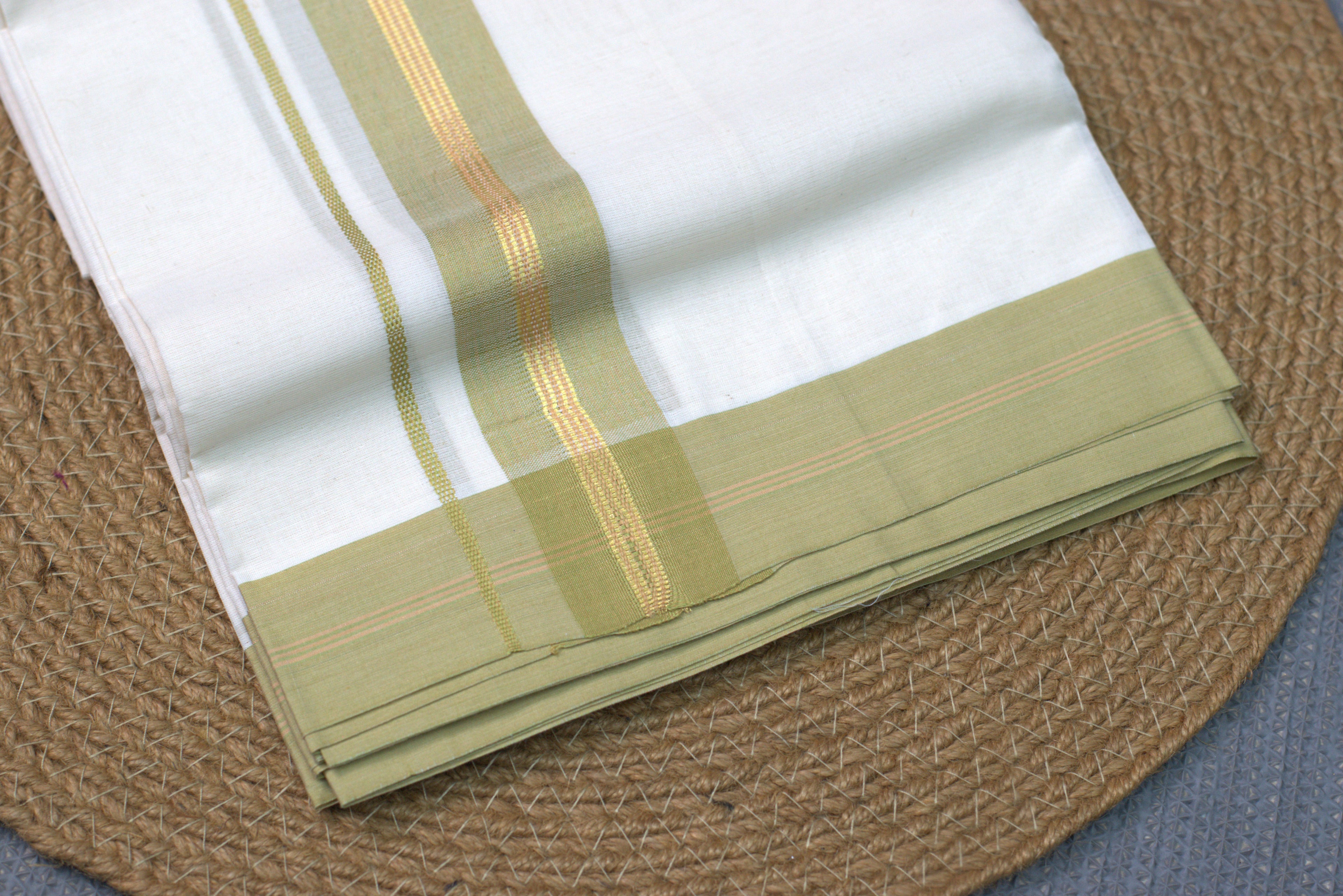 Premium Pure Cotton Double codi Mundu with Olive Green and Gold Kasavu Border