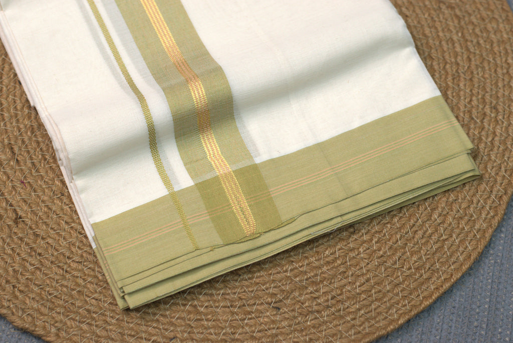 Premium Cream  Cotton Double Mundu with Olive Green & Gold Kasavu Border