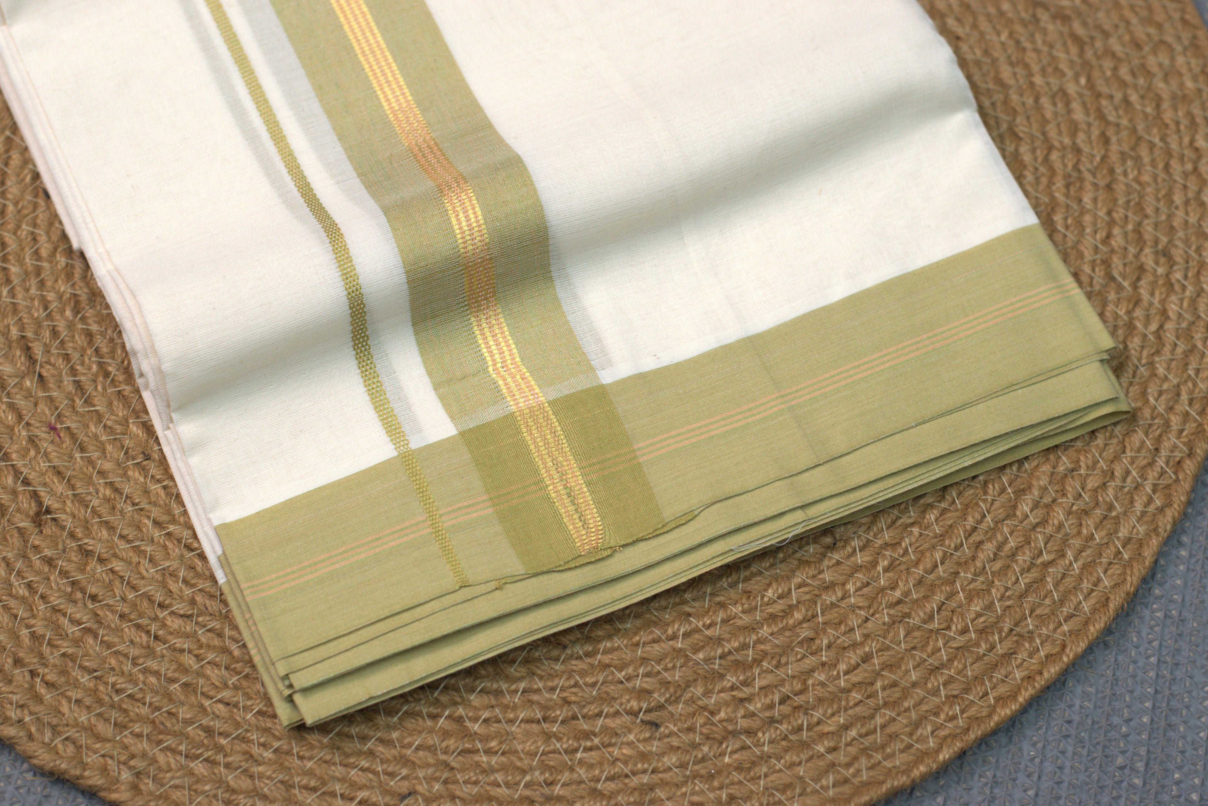 Premium Cream  Cotton Double Mundu with Olive Green & Gold Kasavu Border