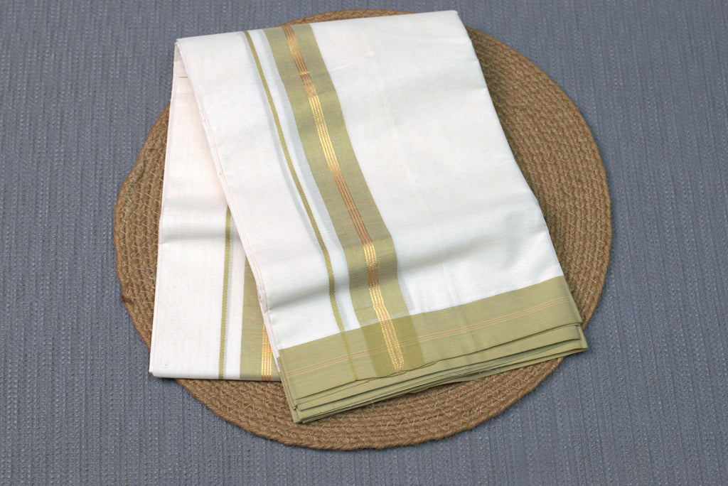 Premium Pure Cotton Double codi Mundu with Olive Green and Gold Kasavu Border