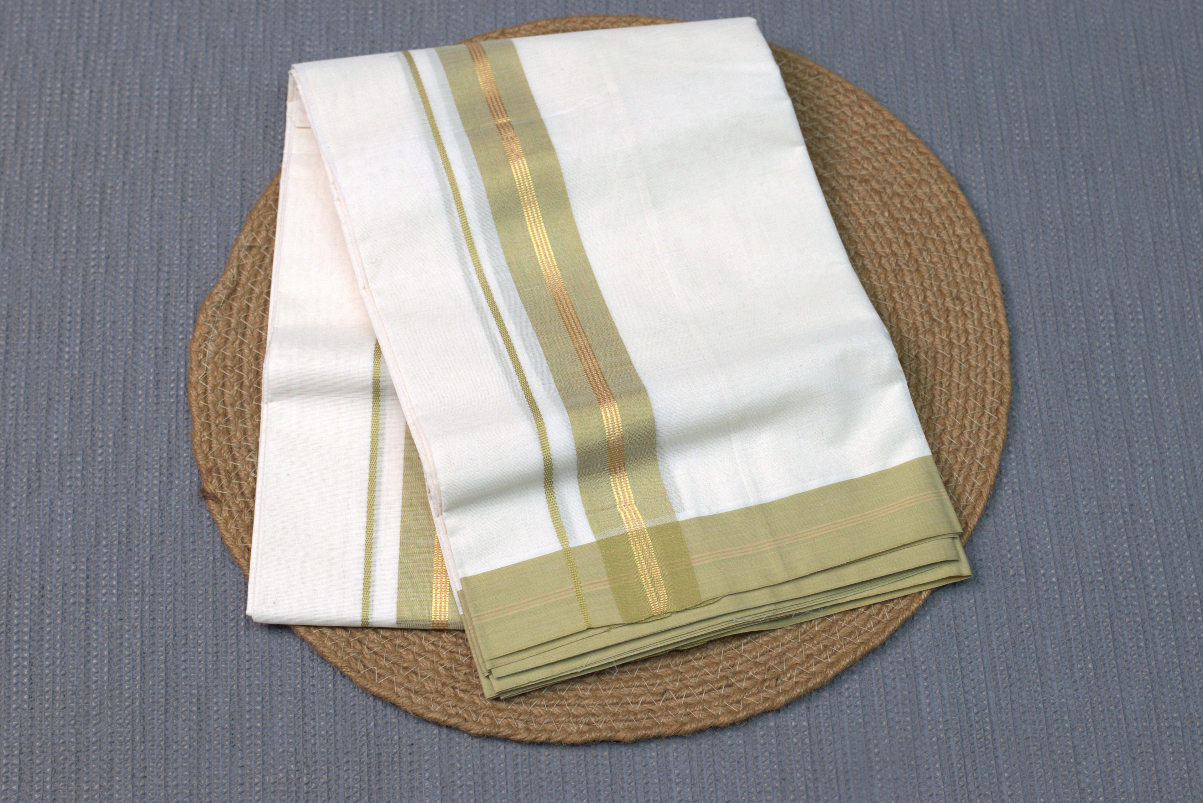 Premium Pure Cotton Double codi Mundu with Olive Green and Gold Kasavu Border