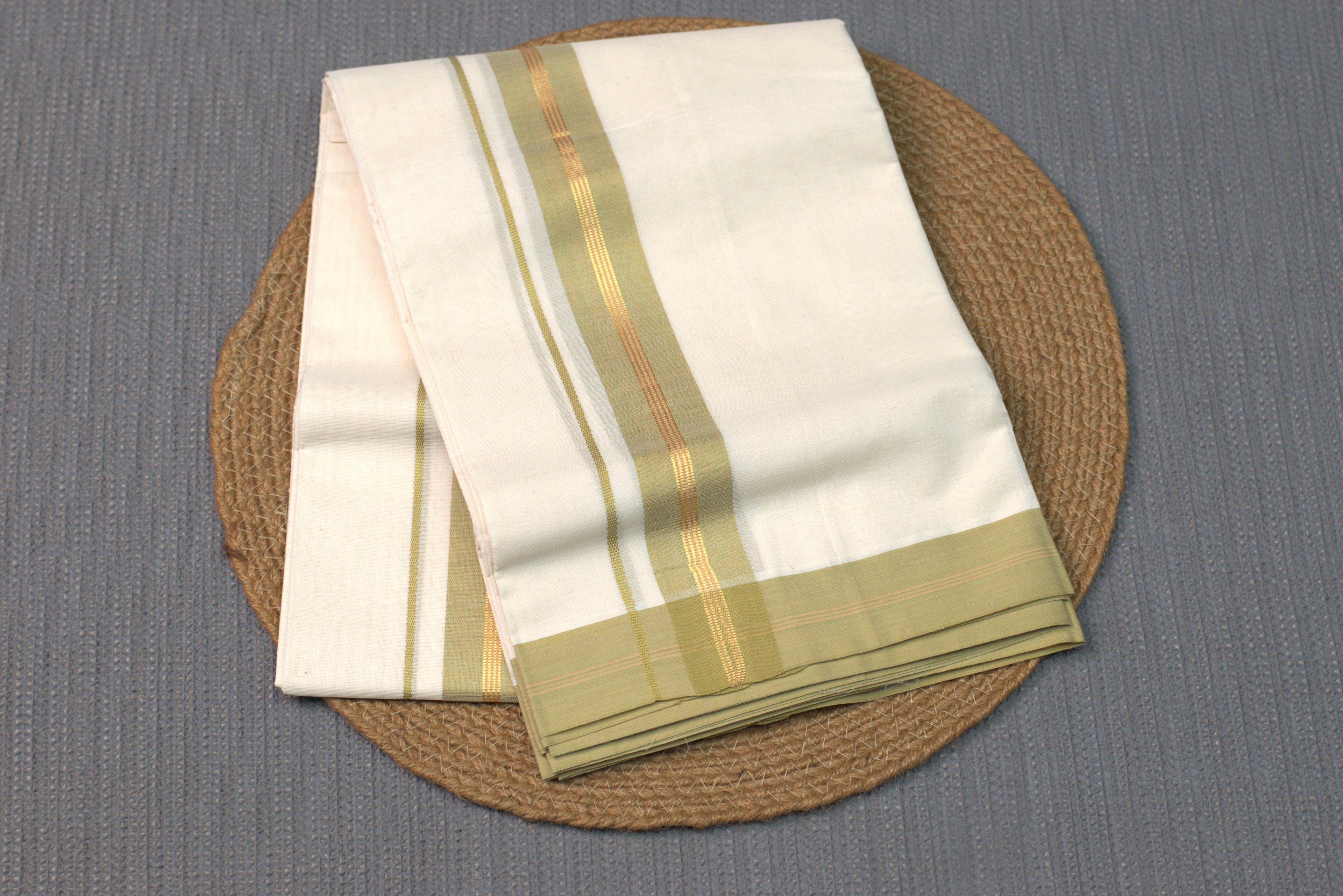 Premium Cream  Cotton Double Mundu with Olive Green & Gold Kasavu Border