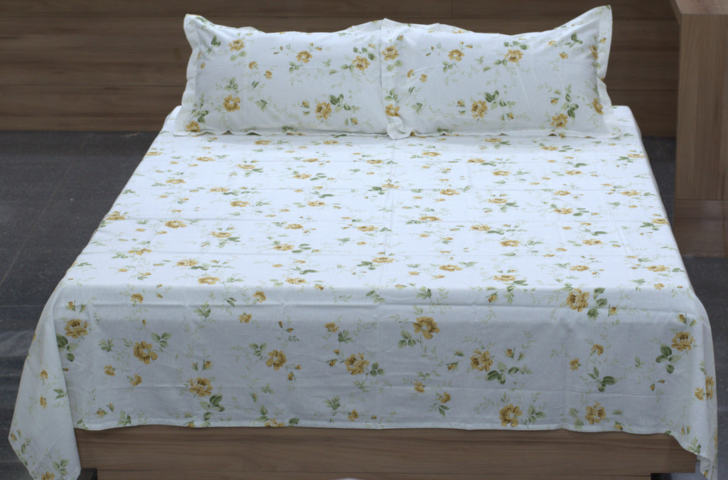 Yellow Floral Queen Size Bedsheet with Pillow Covers