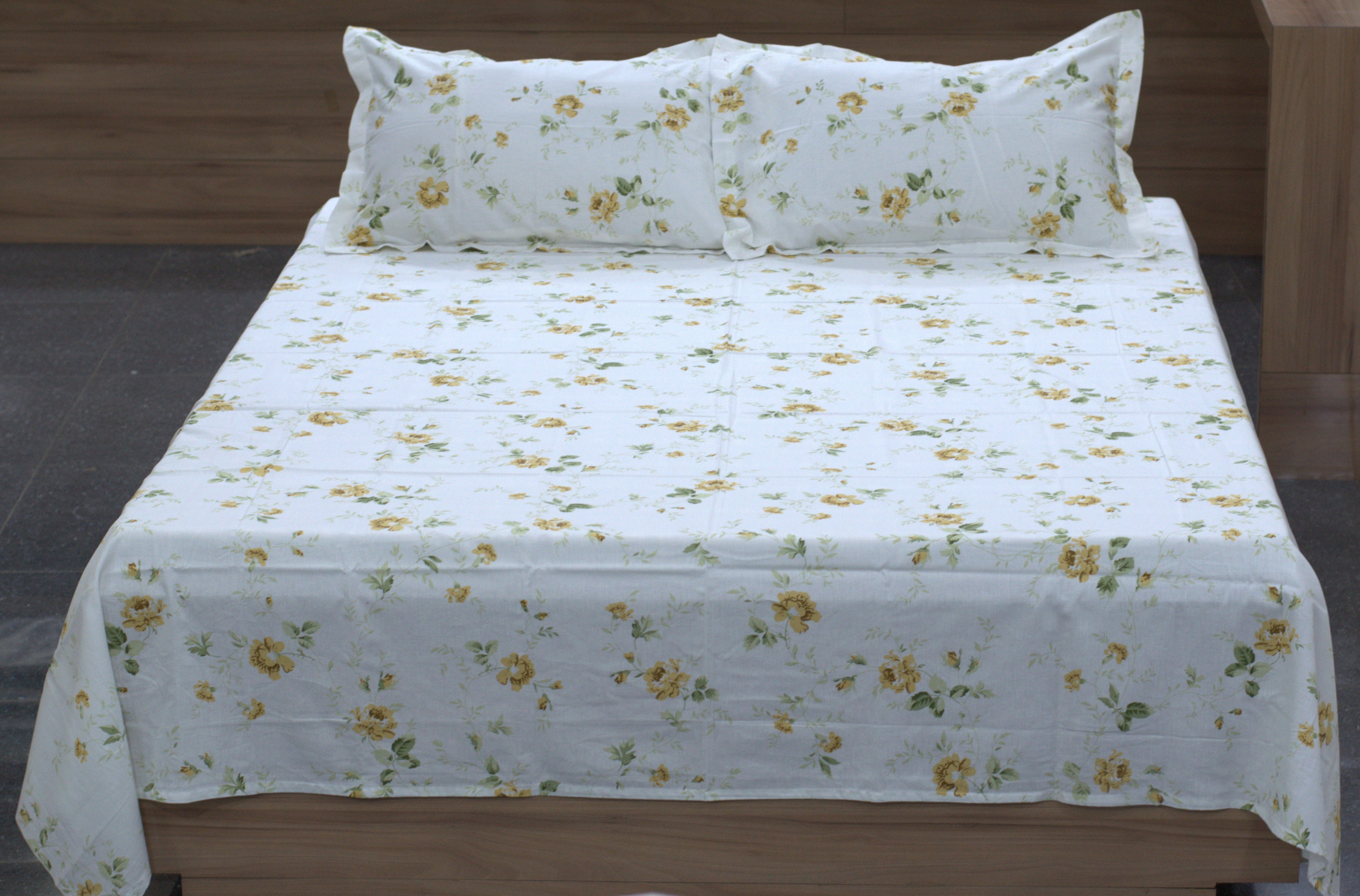 Yellow Floral Queen Size Bedsheet with Pillow Covers