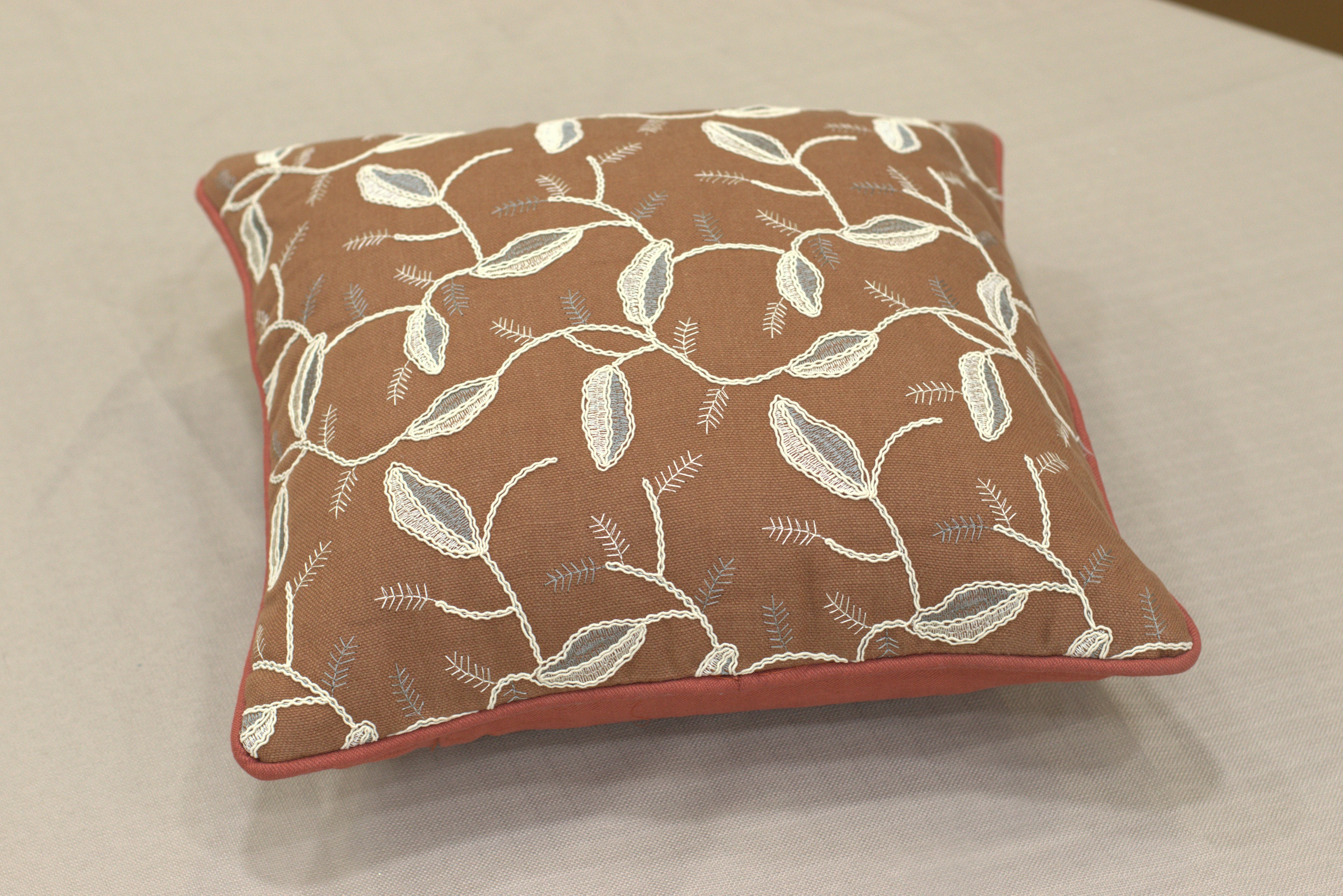 Rust Brown Embroidered Leaf Cushion Cover Set – 16x16 Inches (Set of 5)
