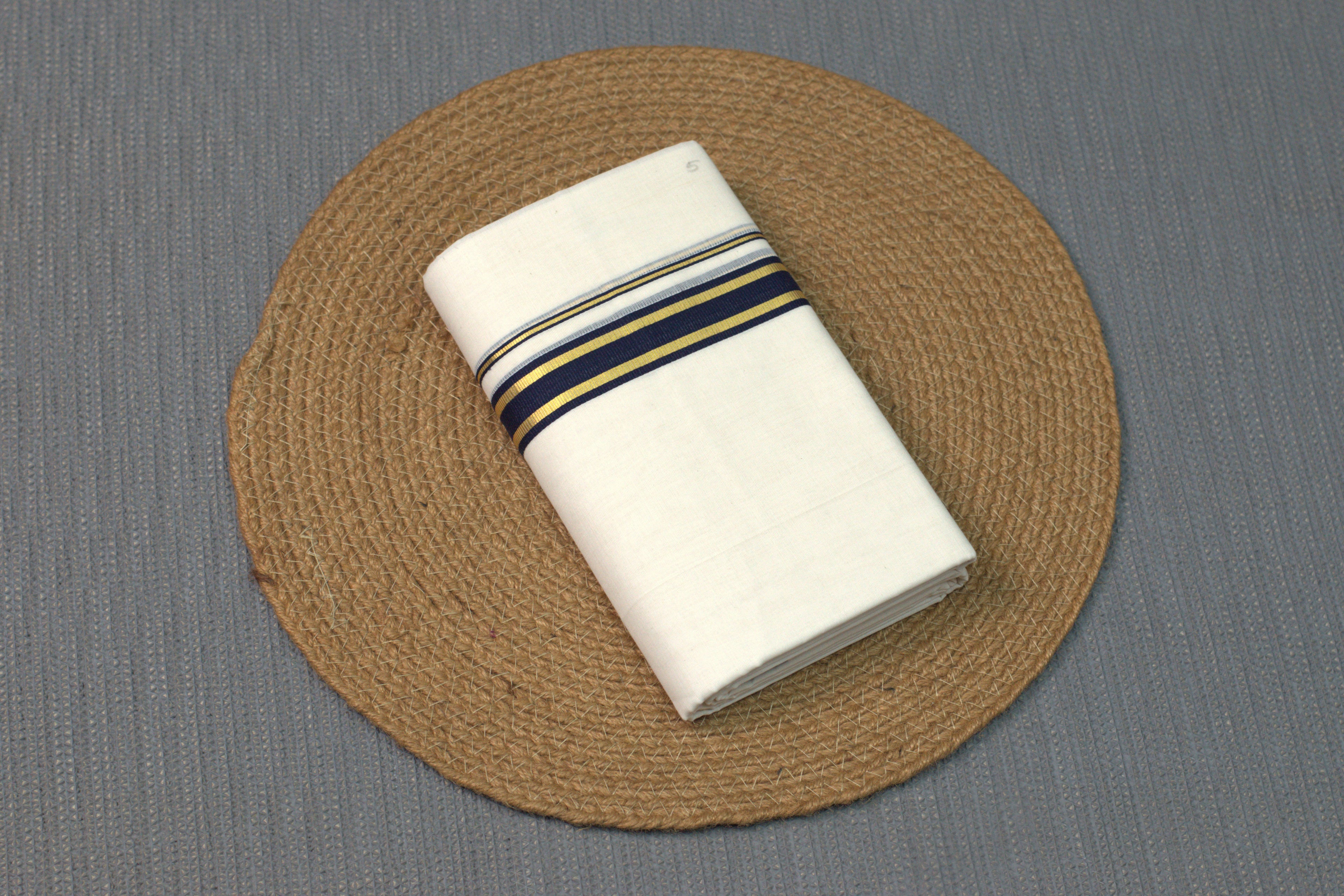 Premium Cotton Double Codi Mundu – Charcoal Blue & Gold Border