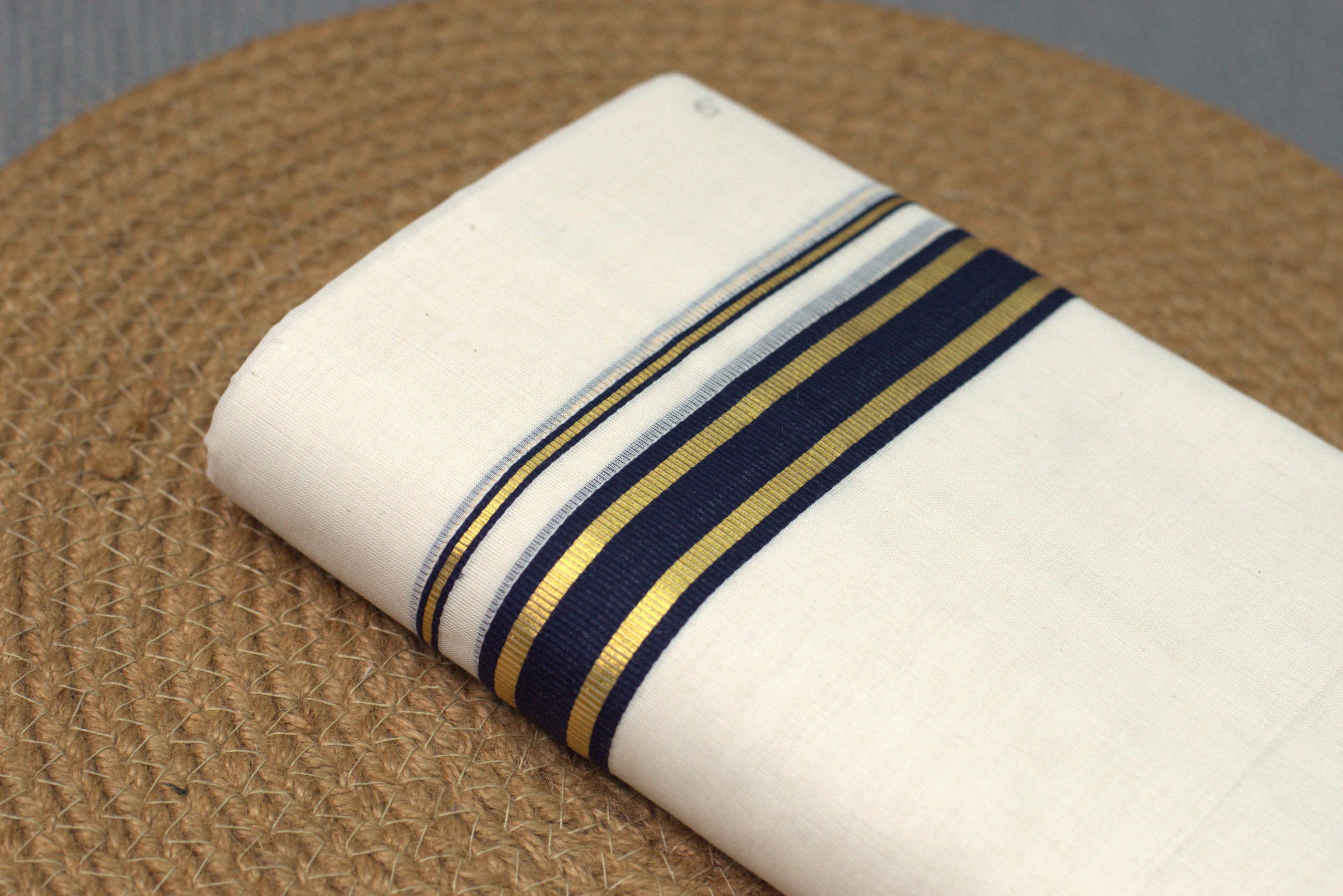 Premium Cotton Double Codi Mundu – Charcoal Blue & Gold Border