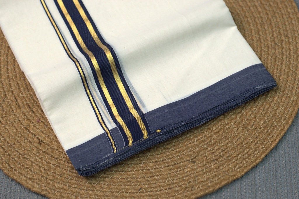 Premium Cotton Double Codi Mundu – Charcoal Blue & Gold Border
