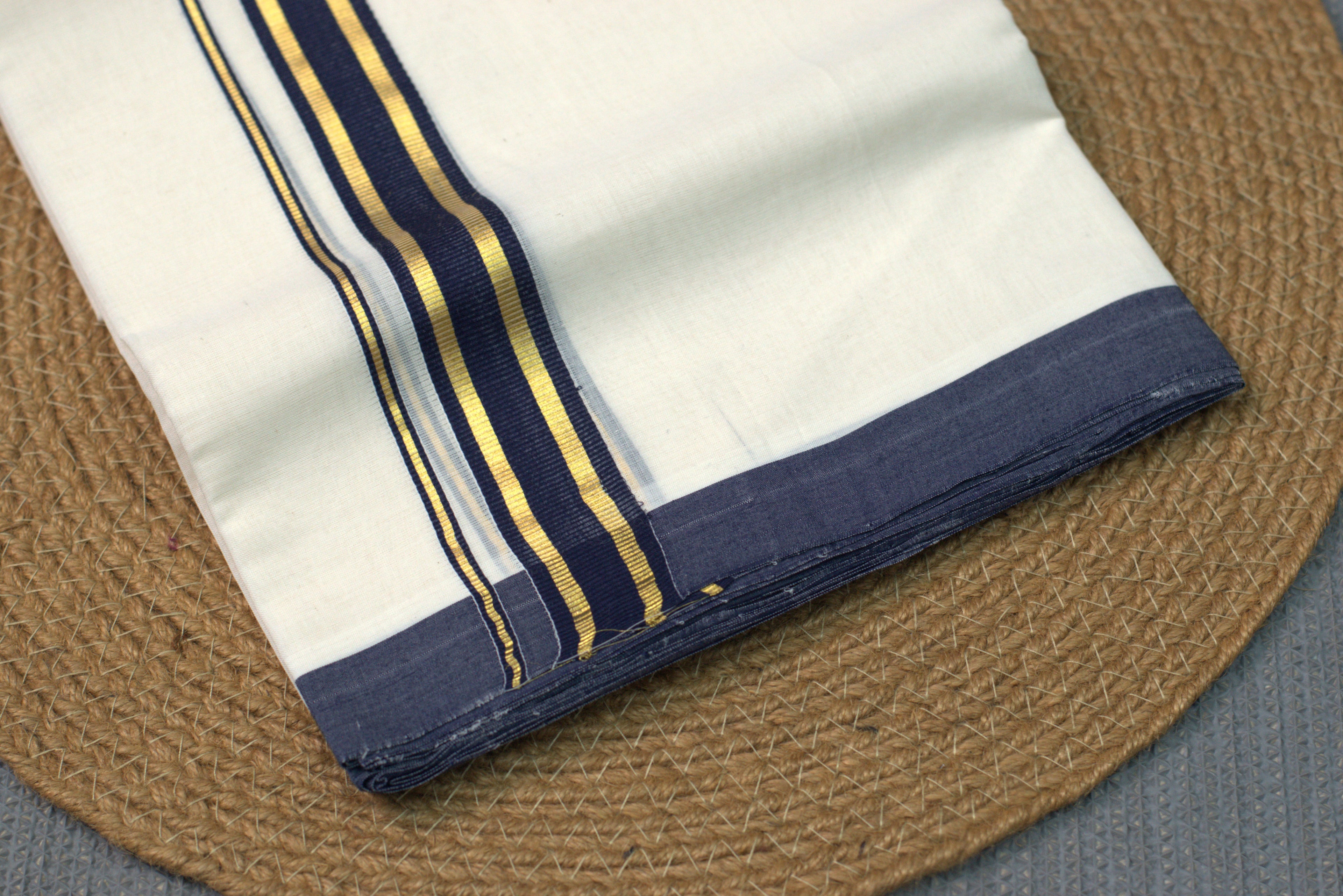 Premium Cotton Double Codi Mundu – Charcoal Blue & Gold Border