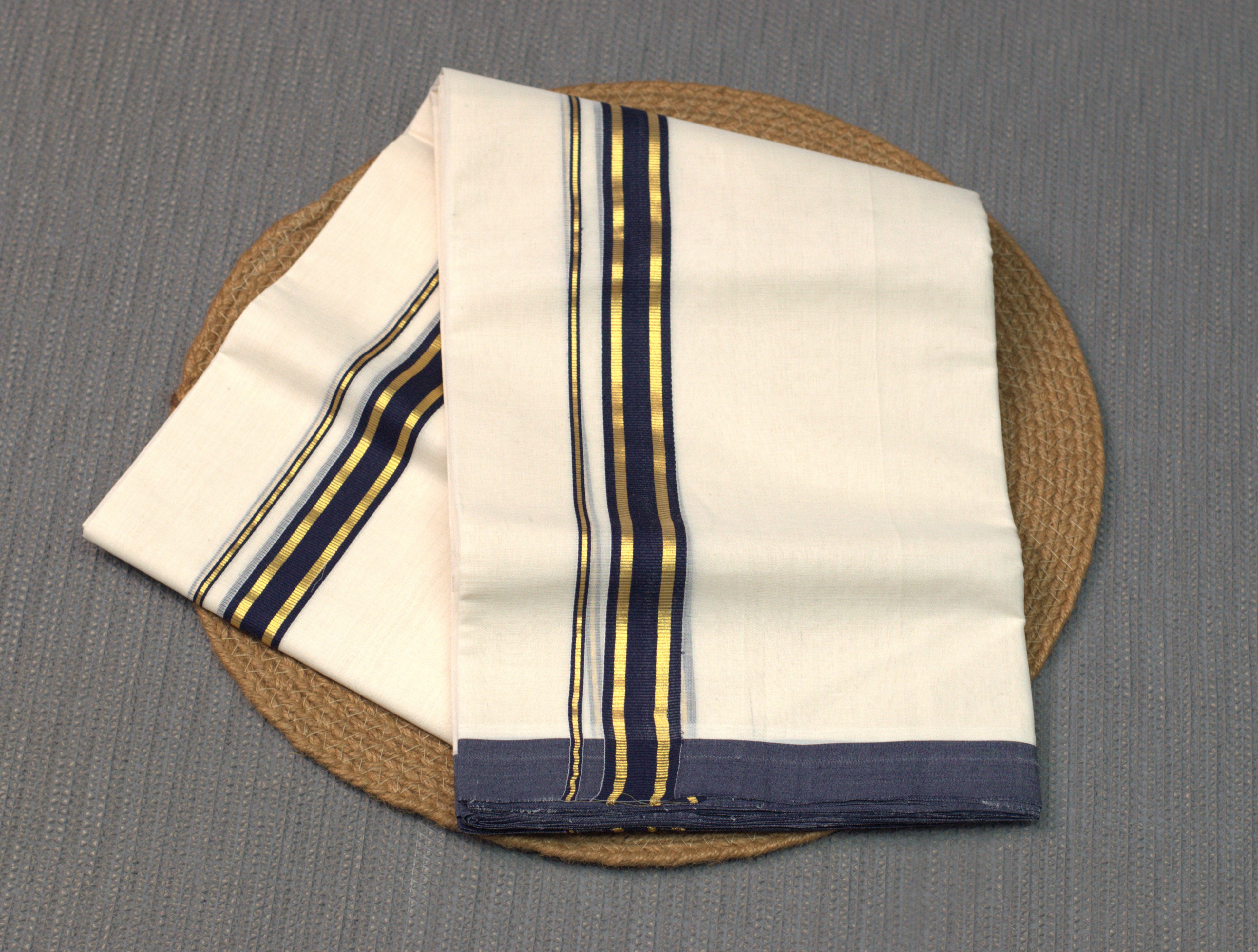 Premium Cotton Double Codi Mundu – Charcoal Blue & Gold Border