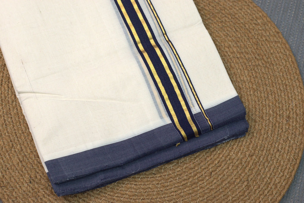Premium Cotton Double Codi Mundu – Charcoal Blue & Gold Border
