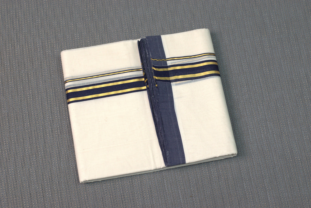 Premium Cotton Double Codi Mundu – Charcoal Blue & Gold Border