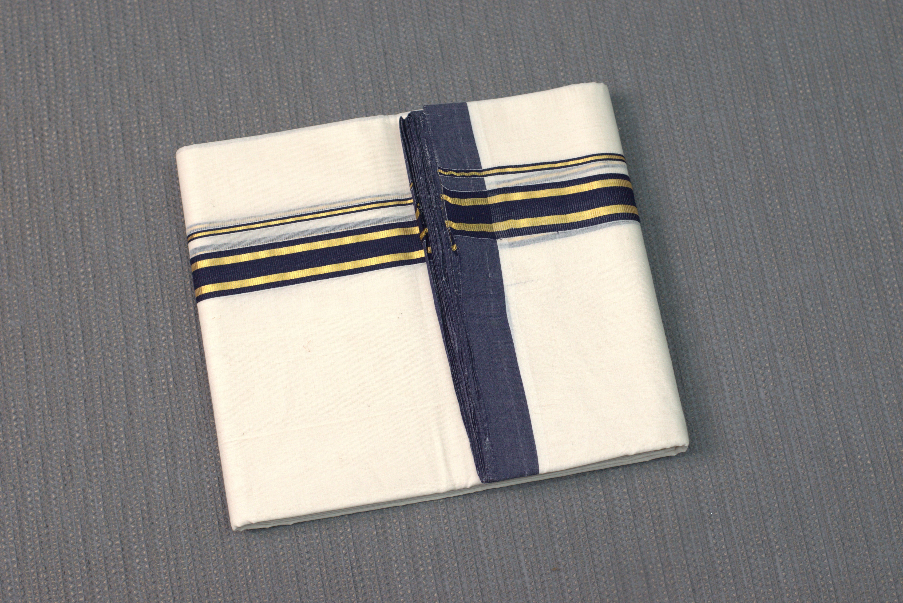 Premium Cotton Double Codi Mundu – Charcoal Blue & Gold Border