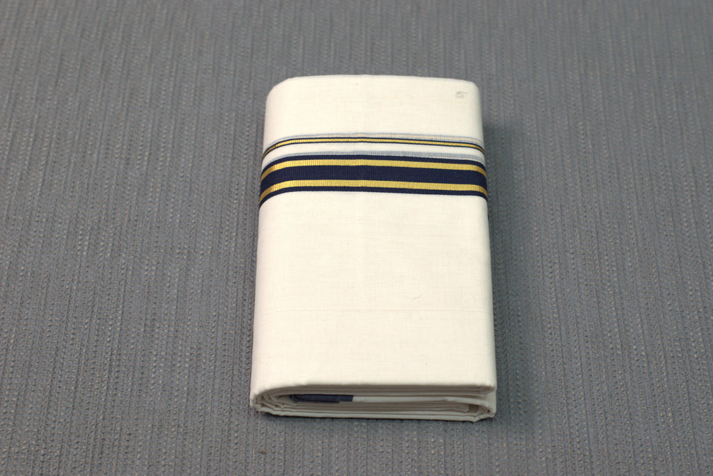 Premium Cotton Double Codi Mundu – Charcoal Blue & Gold Border