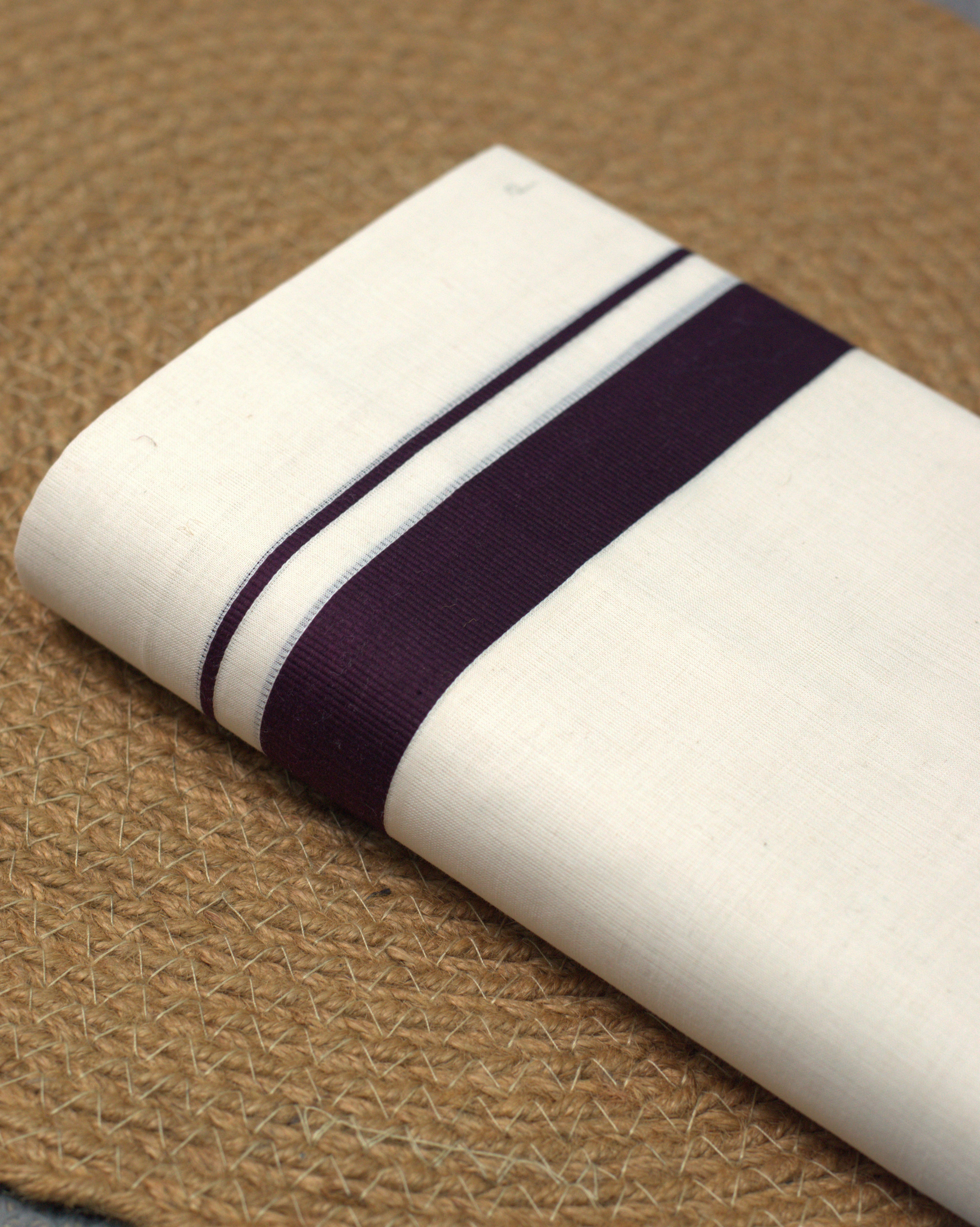 Premium Cream Kodi Cotton Double Mundu - Deep Wine Border