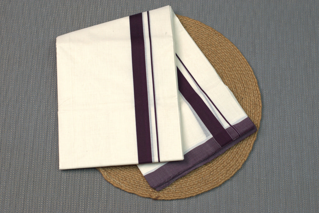 Premium Cream Kodi Cotton Double Mundu - Deep Wine Border