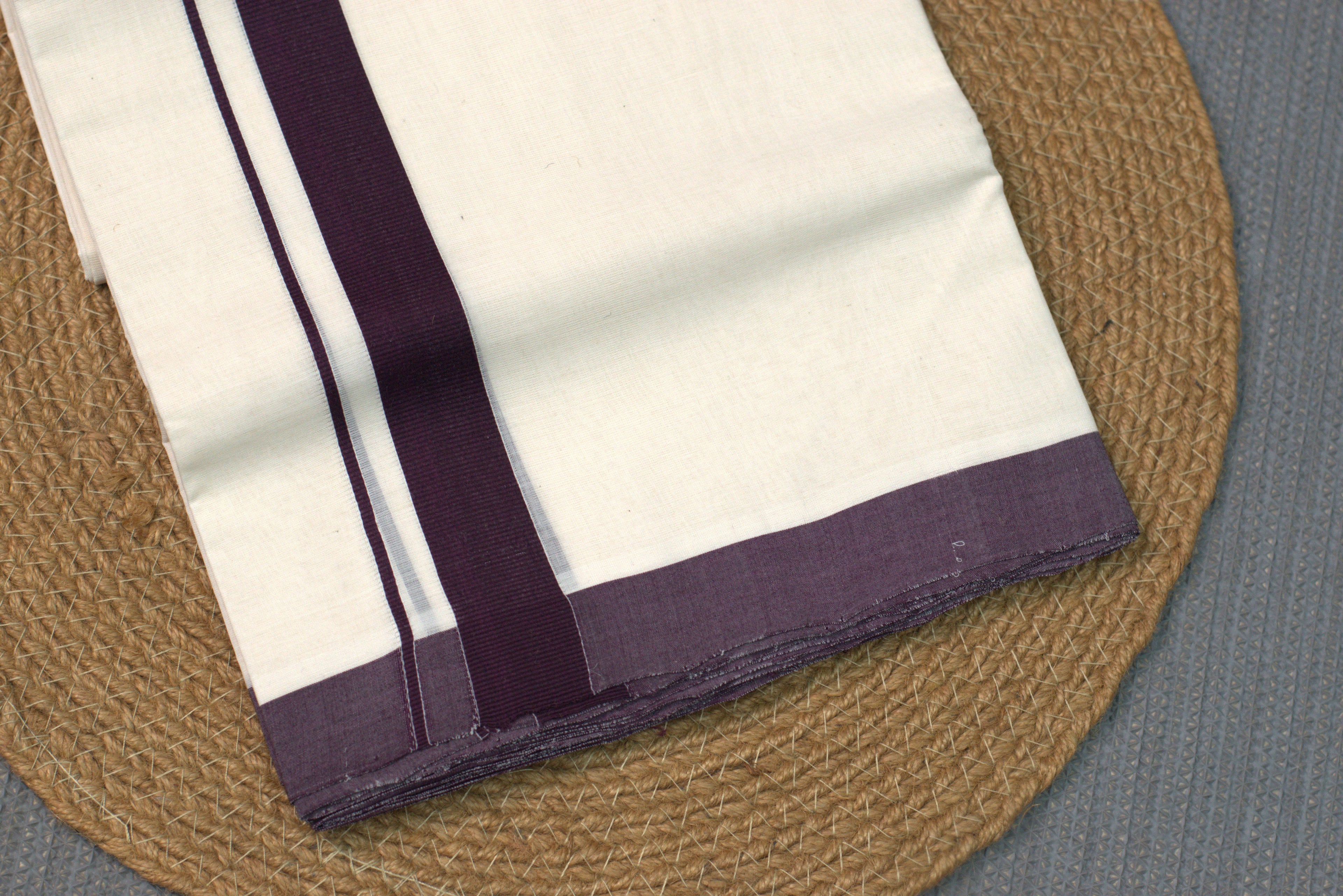 Premium Cream Kodi Cotton Double Mundu - Deep Wine Border