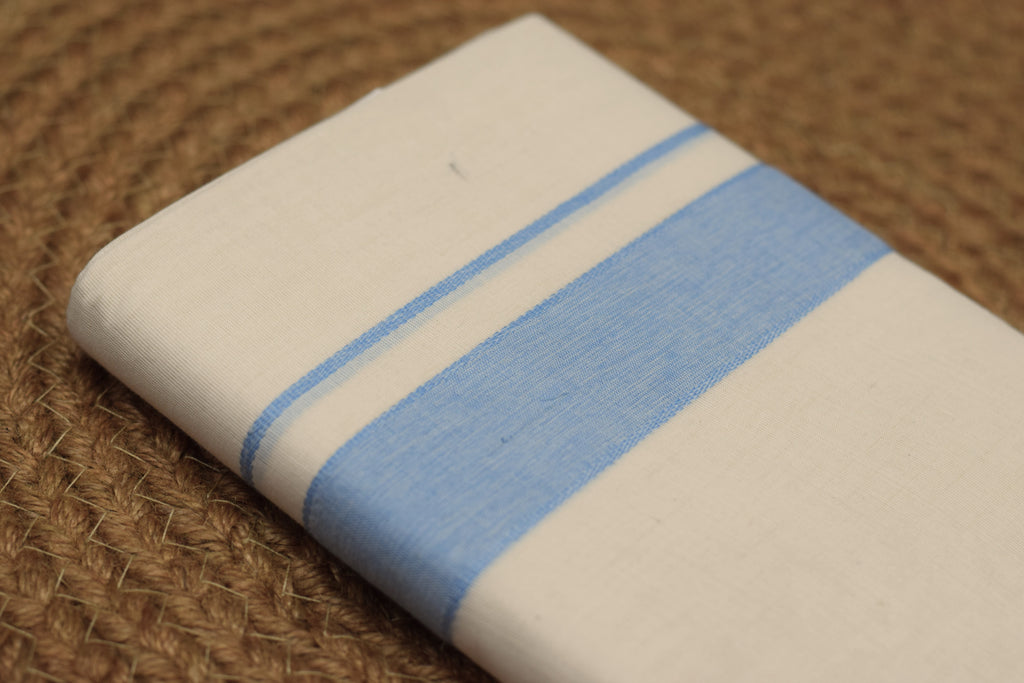 Premium Off-White Kodi Mundu – Cotton Double Mundu with Blue Kara Border