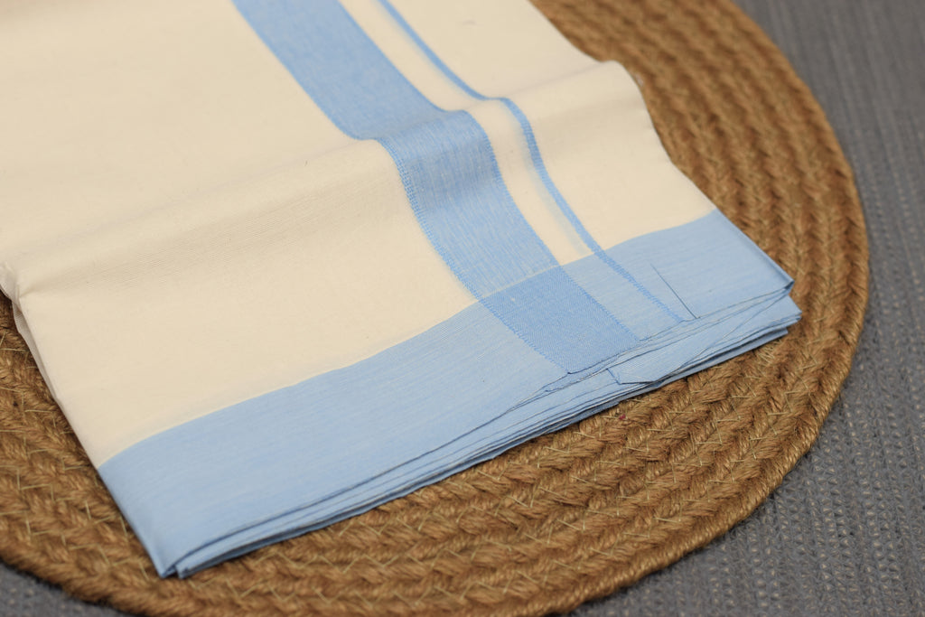 Premium Off-White Kodi Mundu – Cotton Double Mundu with Blue Kara Border
