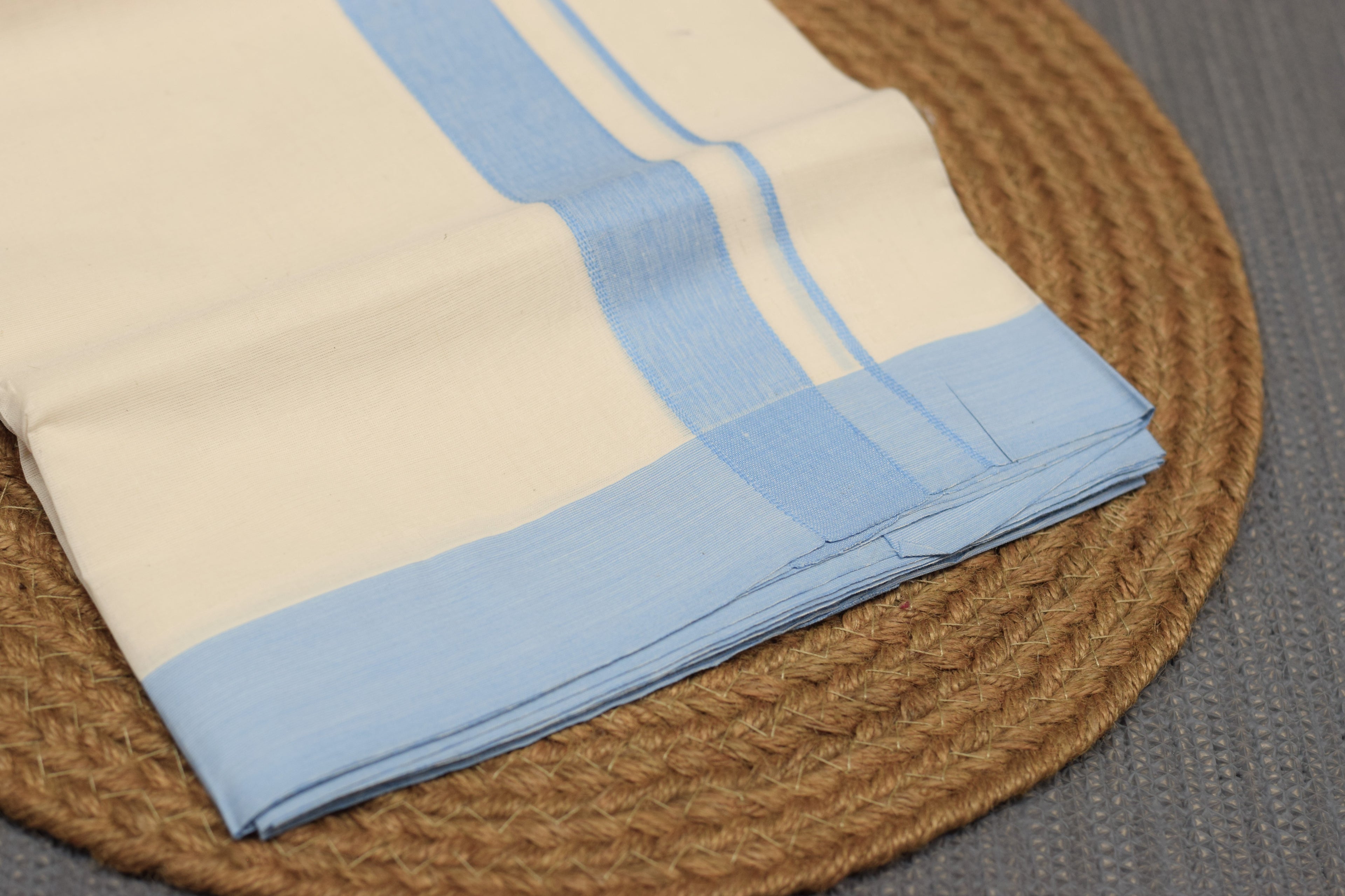 Premium Off-White Kodi Mundu – Cotton Double Mundu with Blue Kara Border