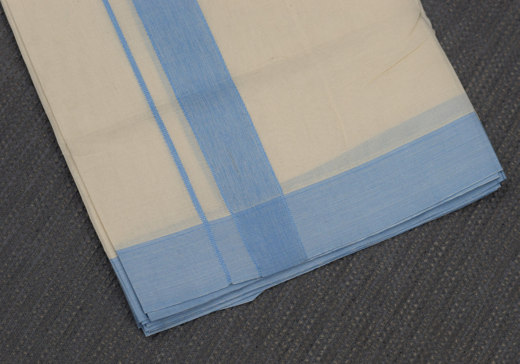 Premium Off-White Kodi Mundu – Cotton Double Mundu with Blue Kara Border