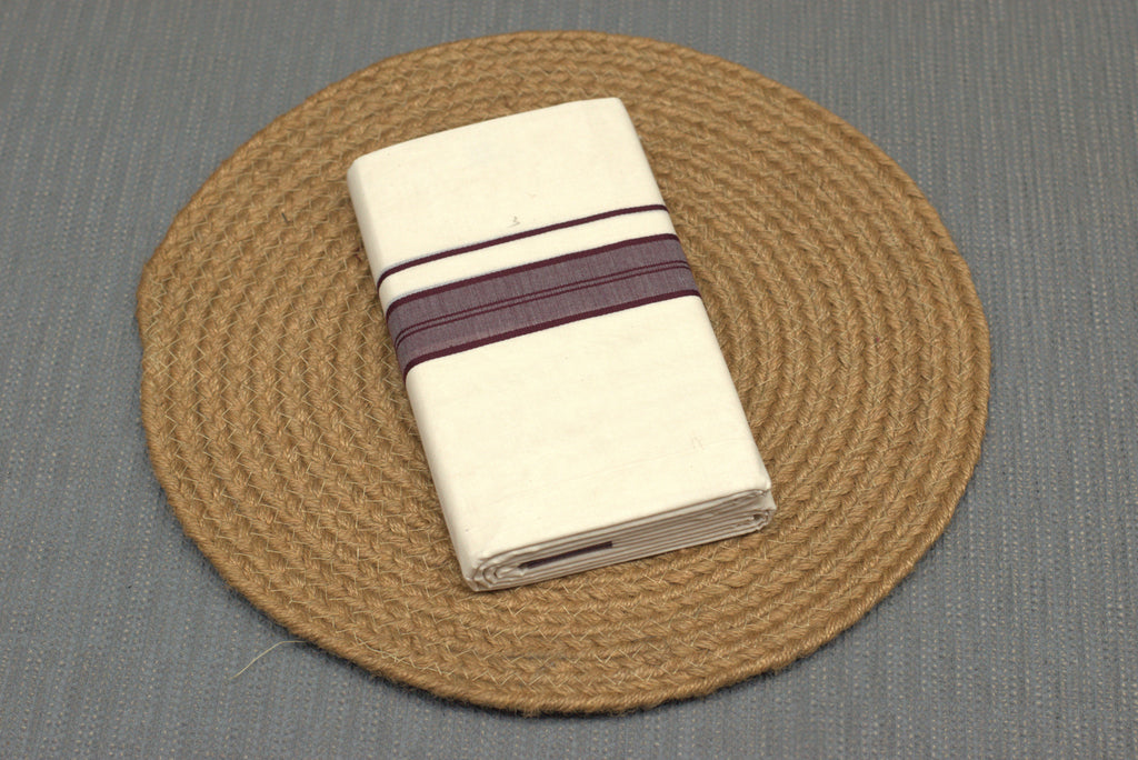 Kodi Off-White Cotton Double Mundu with Maroon Kara Border