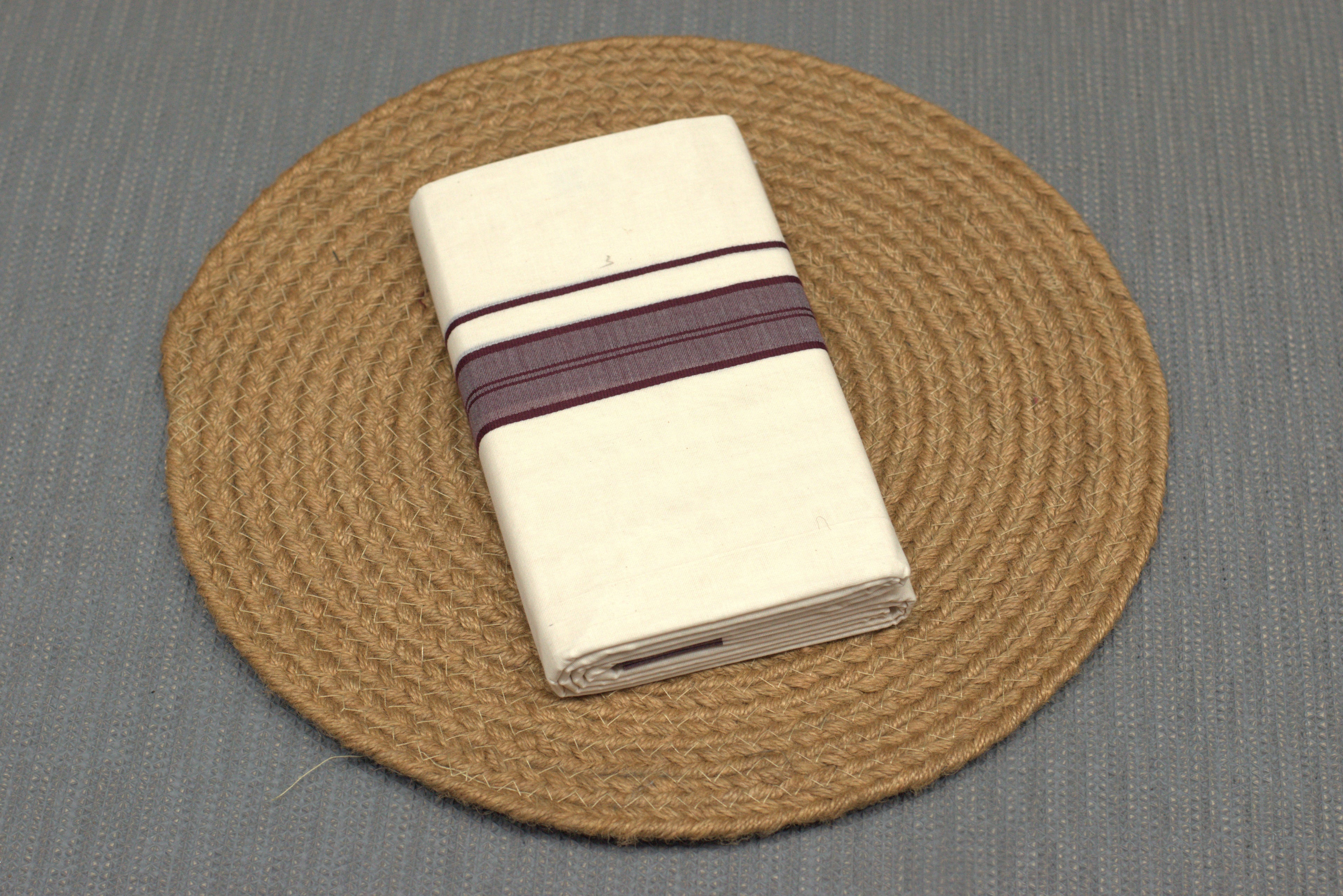 Kodi Off-White Cotton Double Mundu with Maroon Kara Border