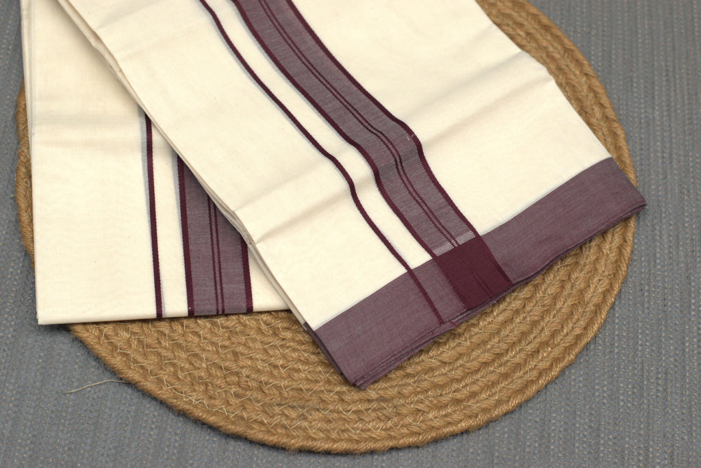Kodi Off-White Cotton Double Mundu with Maroon Kara Border
