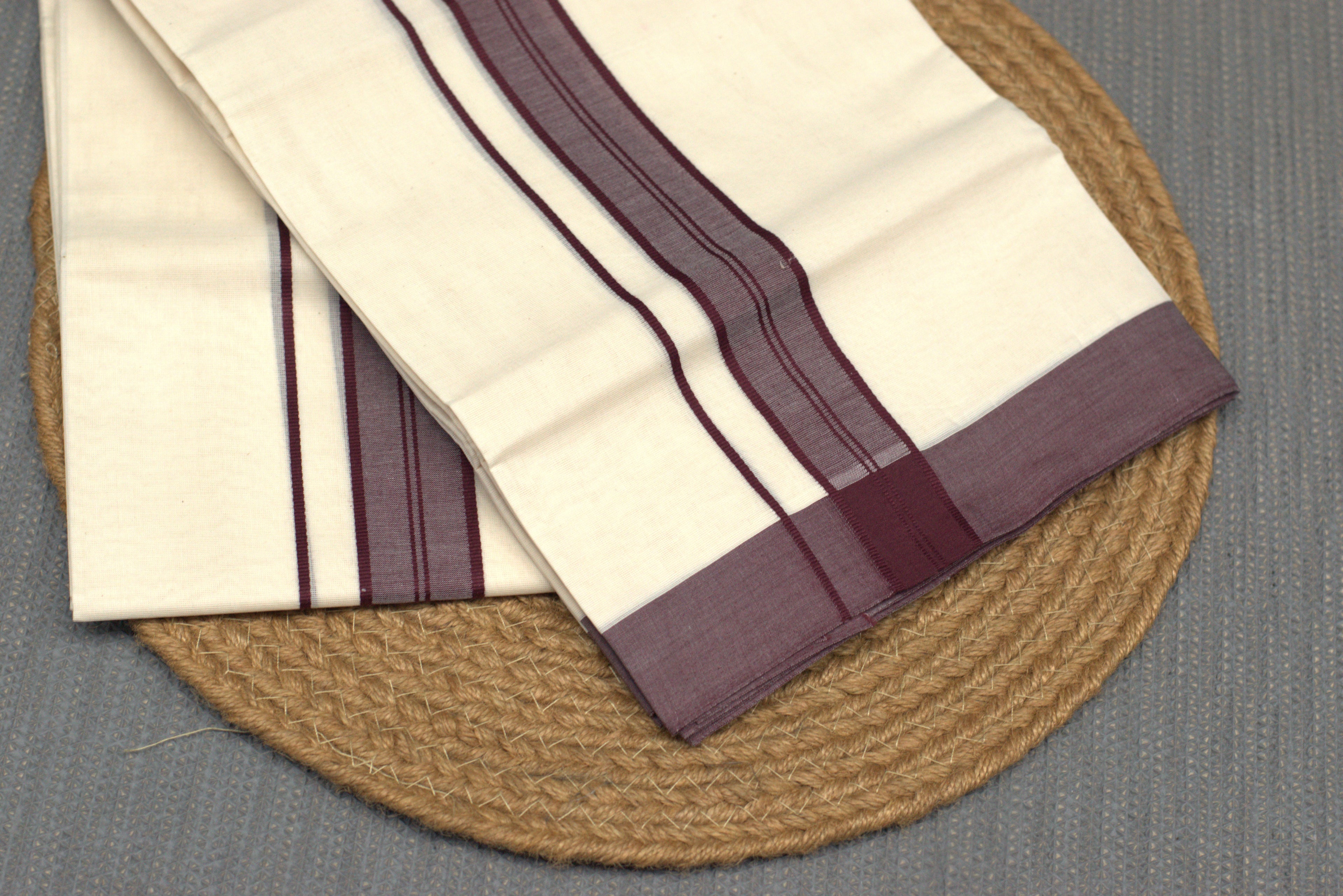 Kodi Off-White Cotton Double Mundu with Maroon Kara Border