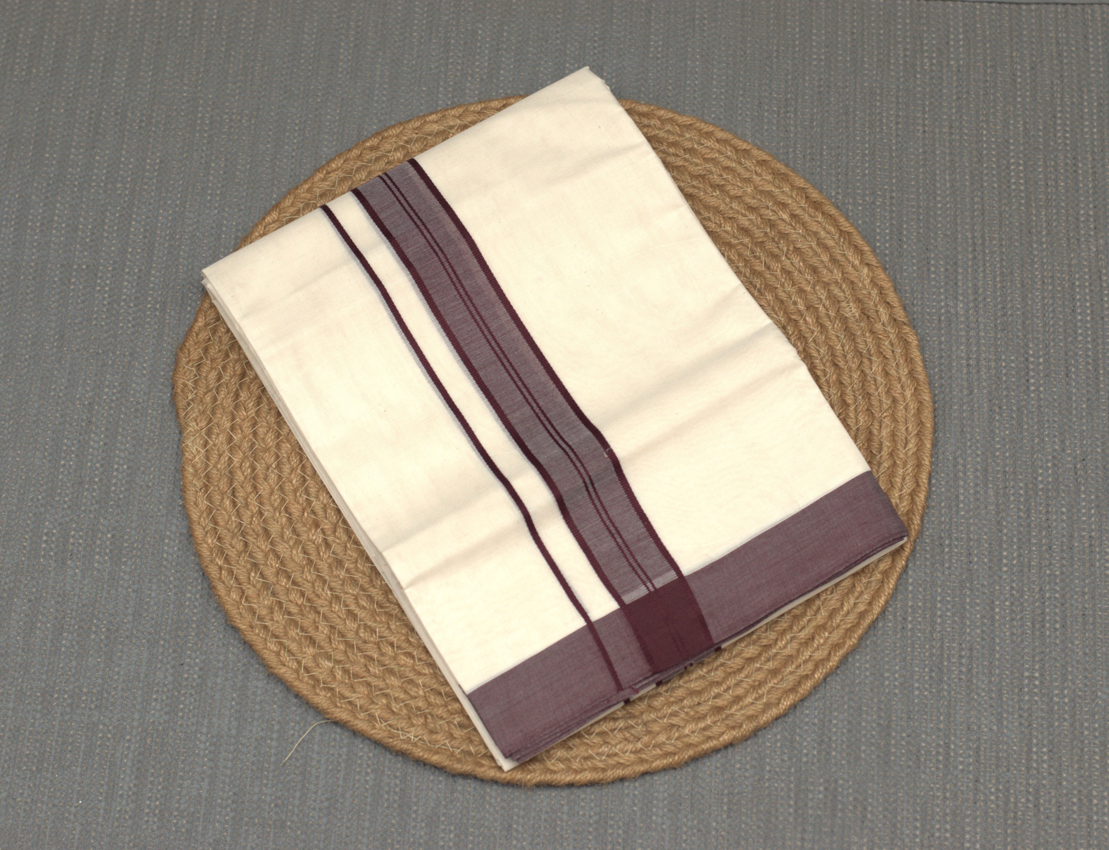 Kodi Off-White Cotton Double Mundu with Maroon Kara Border