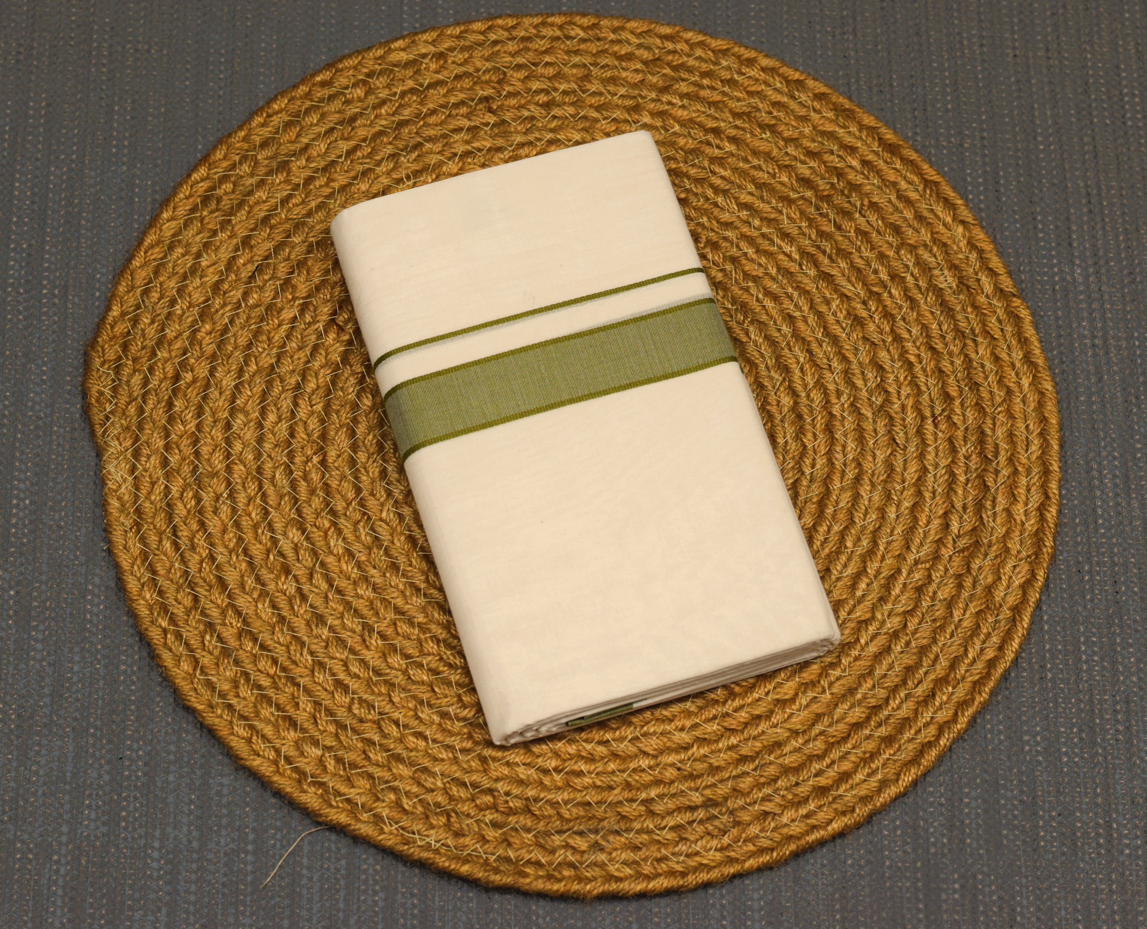 Premium Kodi Green Border Off-White Cotton Double Mundu